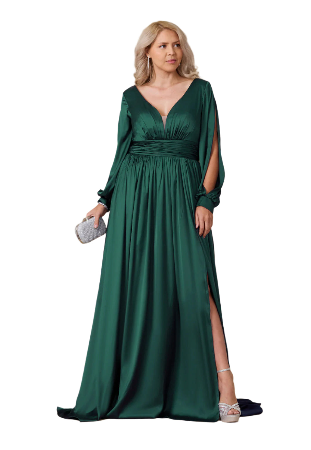 Dylan and Davids Full-Length Open Sleeve Satin Formal Gown Dress - EMERALD - Front