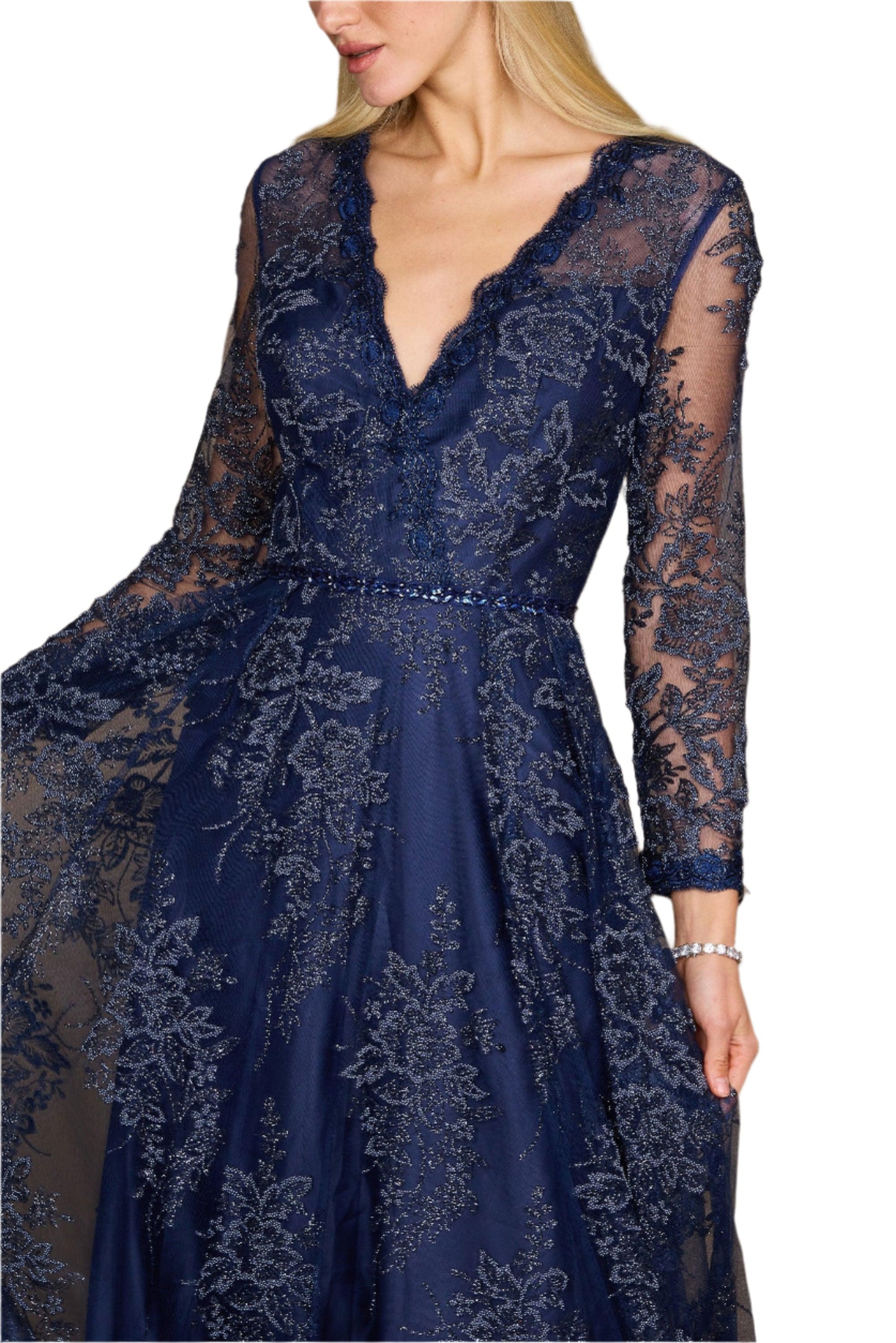 Dylan and Davids Full-Length Sleeve Formal Evening Gown Dress -NAVY - DETAILED VIEW