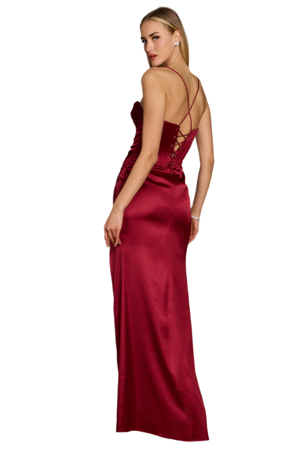 Dylan and Davids Draped Corset-Style Sweetheart Full-Length Prom Dress - BURGANDY - BACK