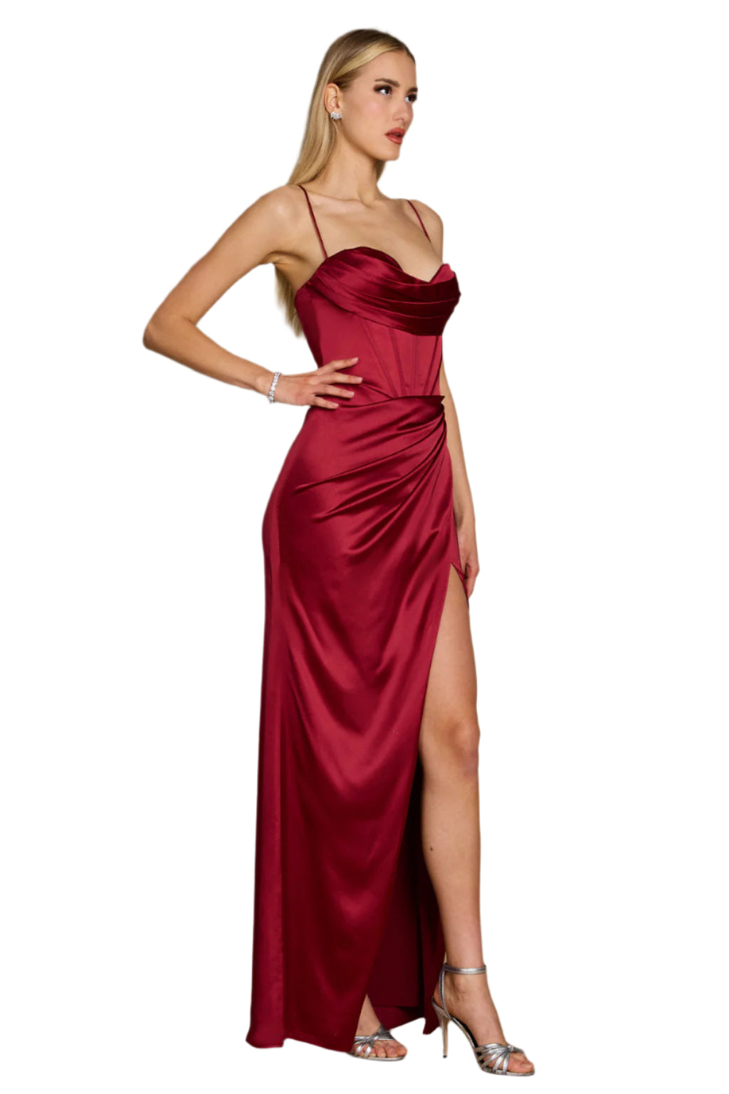 Dylan and Davids Draped Corset-Style Sweetheart Full-Length Prom Dress - BURGANDY - SIDE