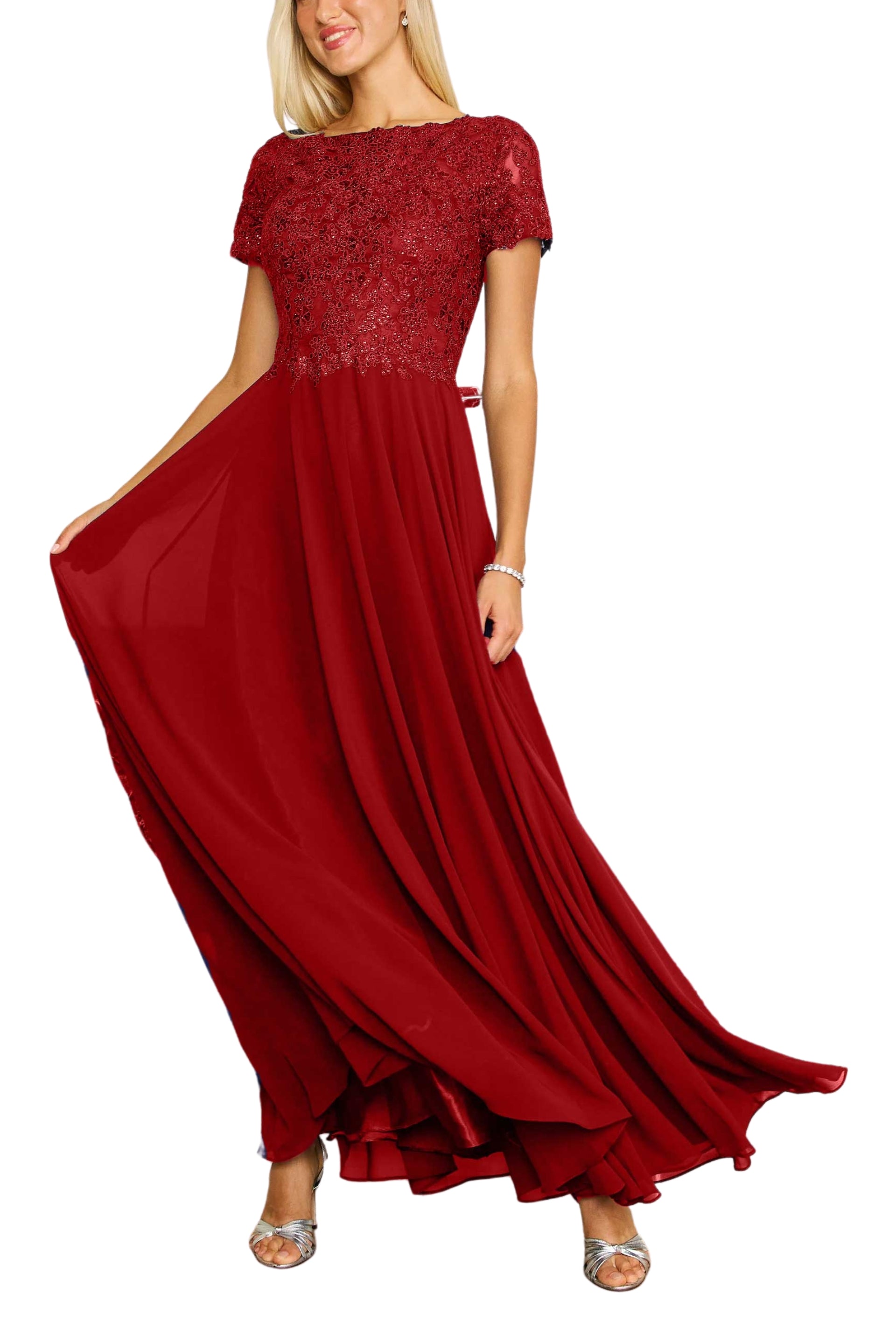 Dylan and Davids Short-Length Sleeve Mother Of The Bride Evening Dress - BURGUNDY - FRONT VIEW