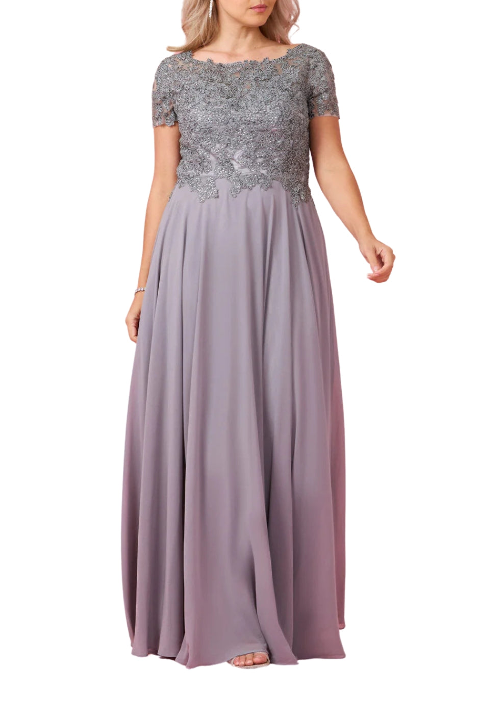 Dylan and Davids Short-Length Sleeve Mother Of The Bride Evening Dress - CHARCOAL - FRONT FULL VIEW