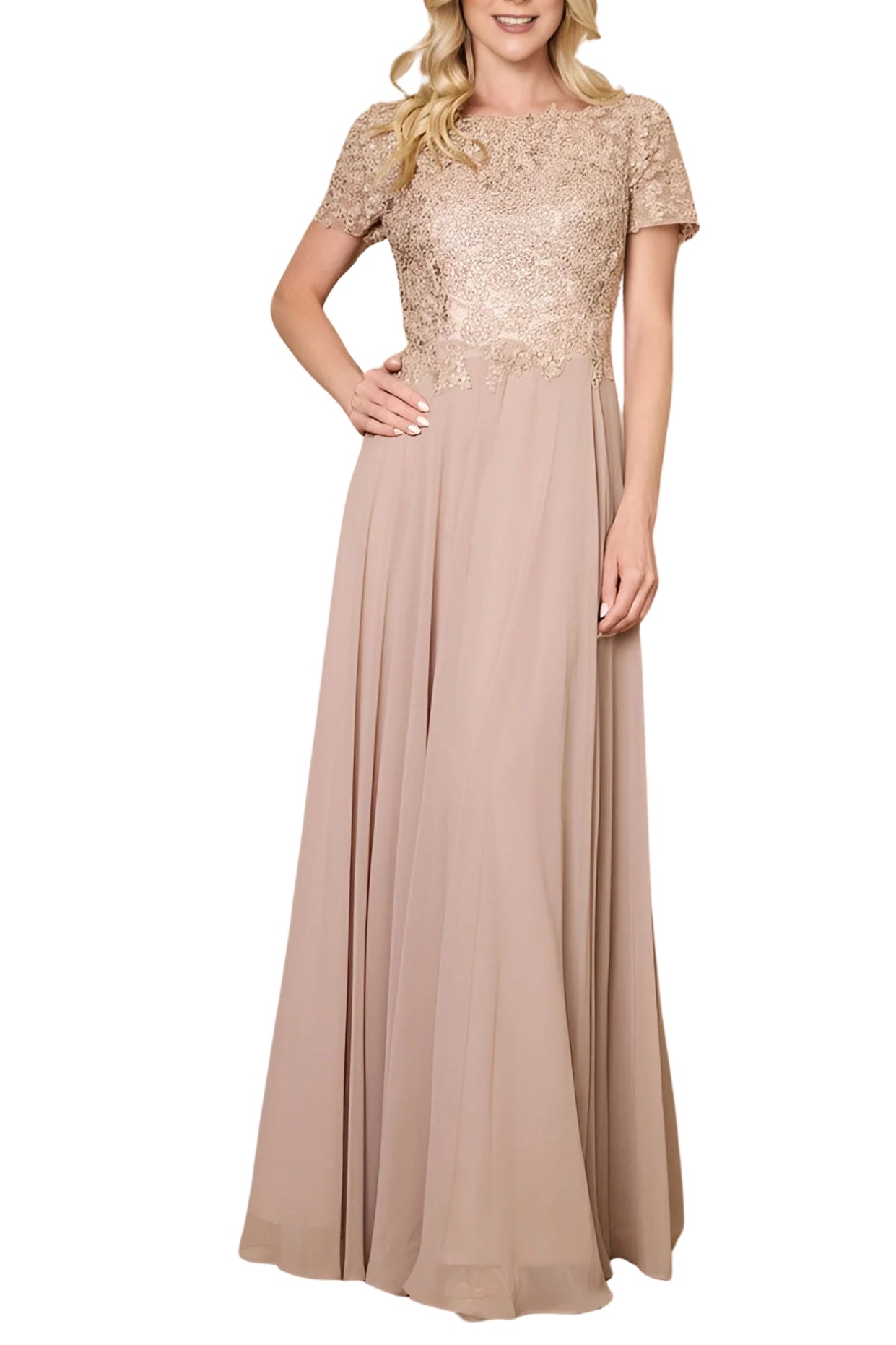 Dylan and Davids Short-Length Sleeve Mother Of The Bride Evening Dress - MOCHAL - FRONT FULL VIEW