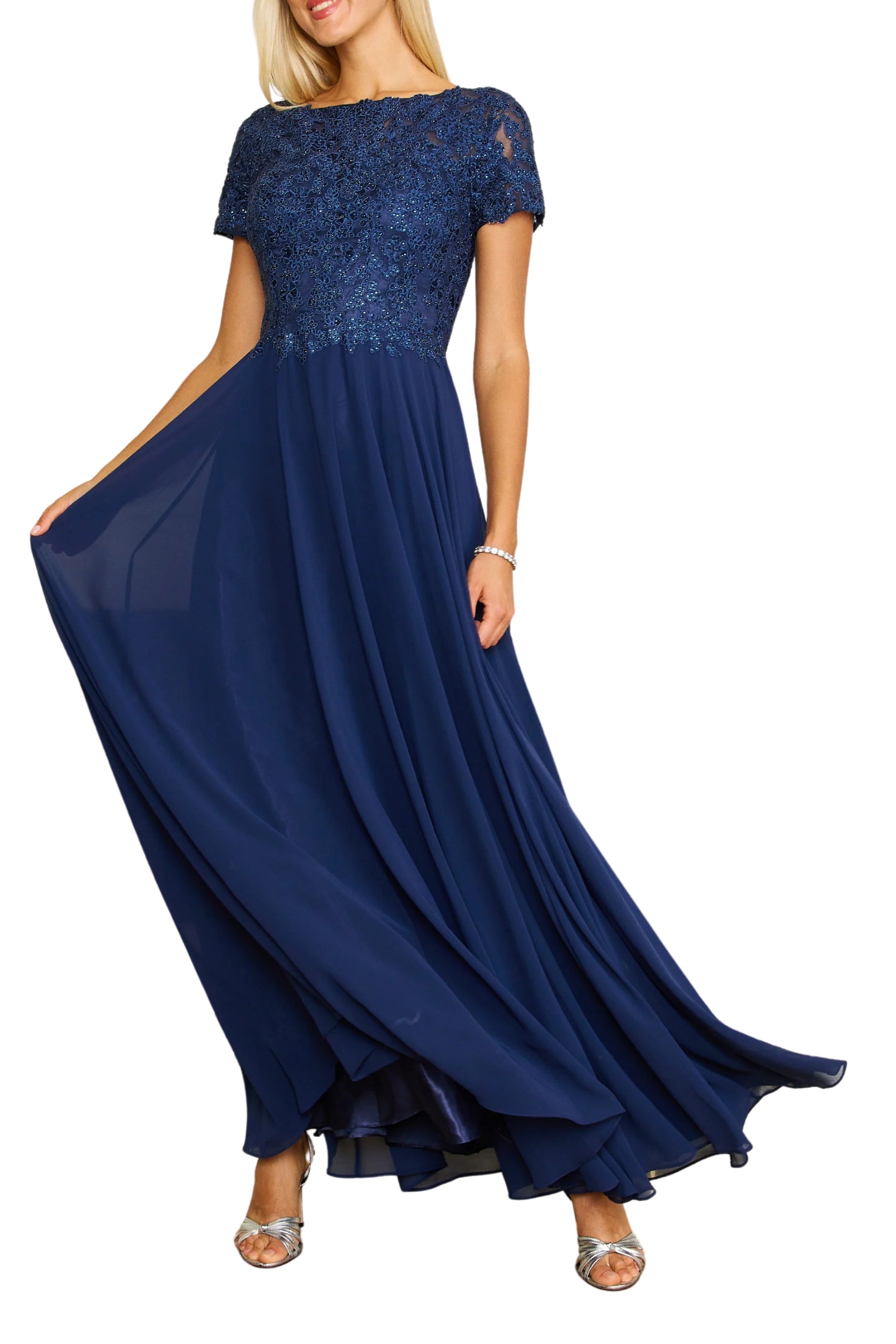 Dylan and Davids Short-Length Sleeve Mother Of The Bride Evening Dress - NAVY - FRONT FULL VIEW