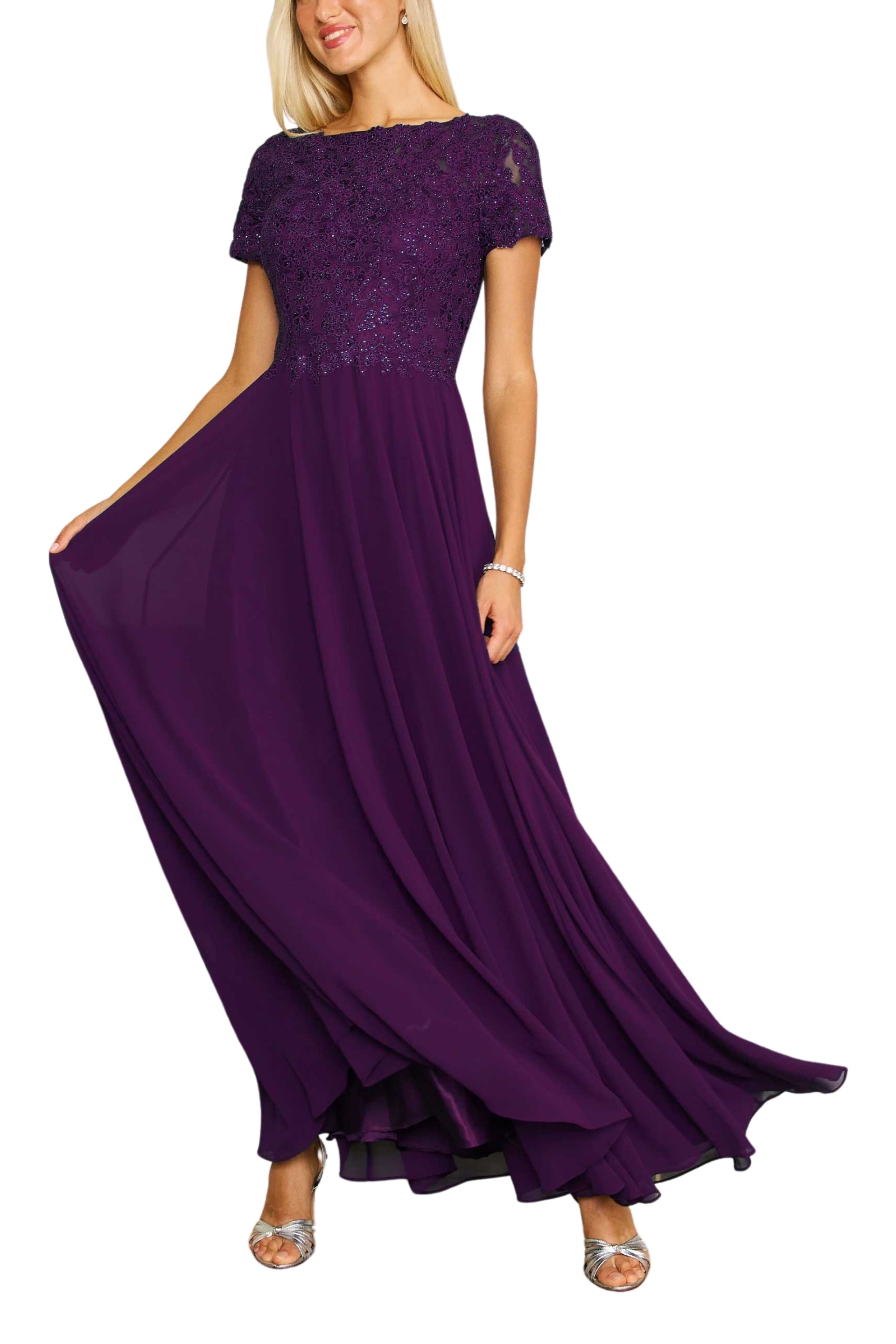 Dylan and Davids Short-Length Sleeve Mother Of The Bride Evening Dress - PLUM - FRONT FULL VIEW