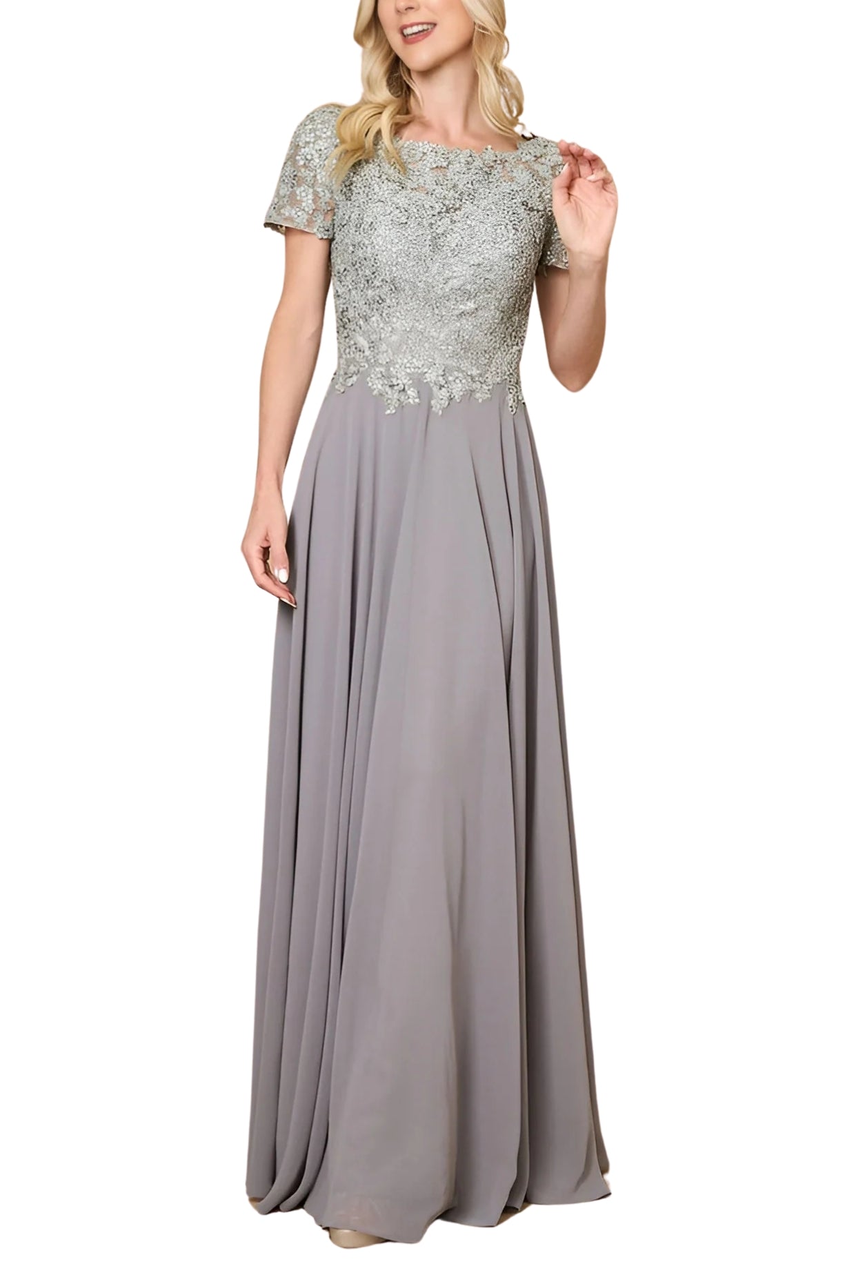 Dylan and Davids Short-Length Sleeve Mother Of The Bride Evening Dress - SILVER - FRONT FULL VIEW