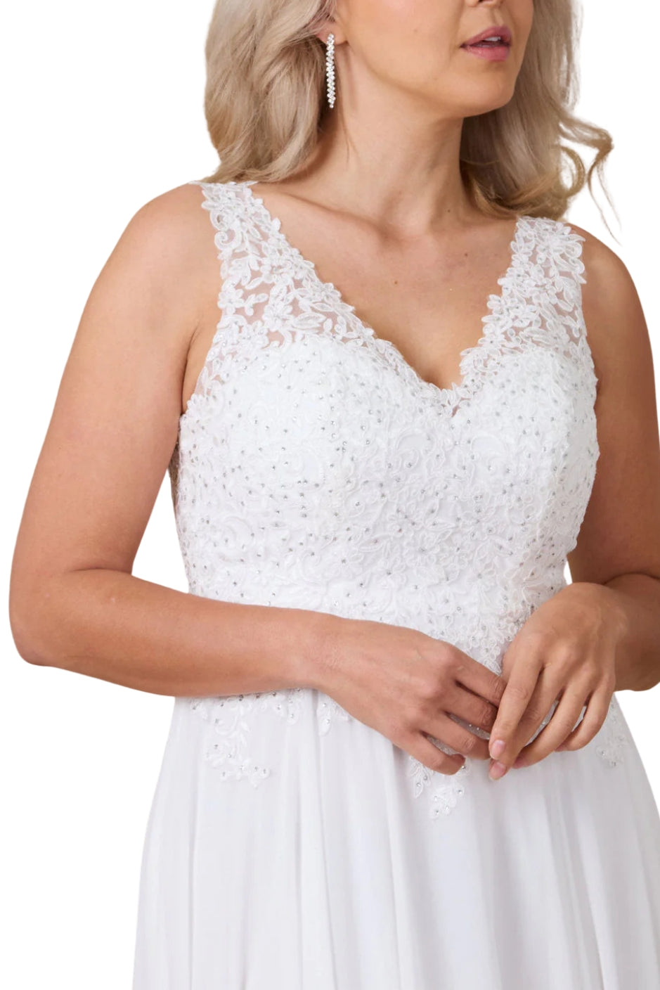 Dylan and Davids Full-Length Formal Plus Size Evening Gown Dress - WHITE - NECK VIEW