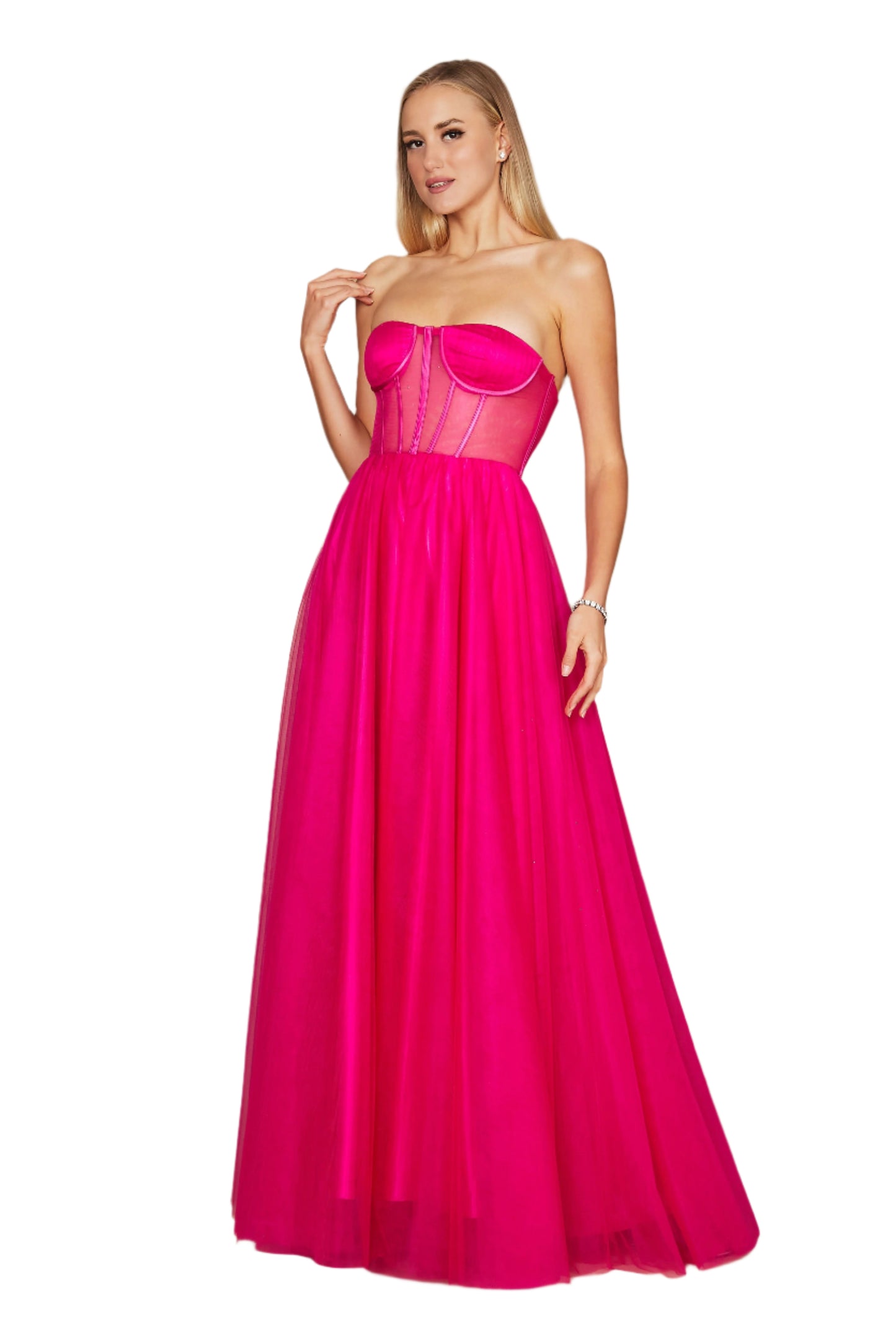 Dylan and Davids Corset-Style Prom Party Formal Ball Gown Dress - FUCHSIA - Front View