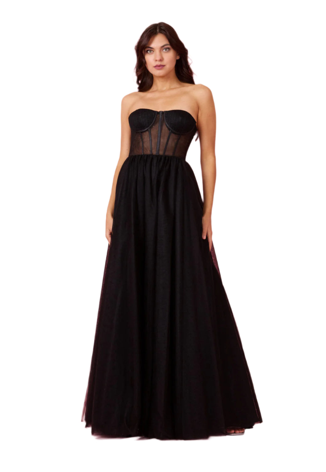 Dylan and Davids Corset-Style Prom Party Formal Ball Gown Dress - BLACK - Front View