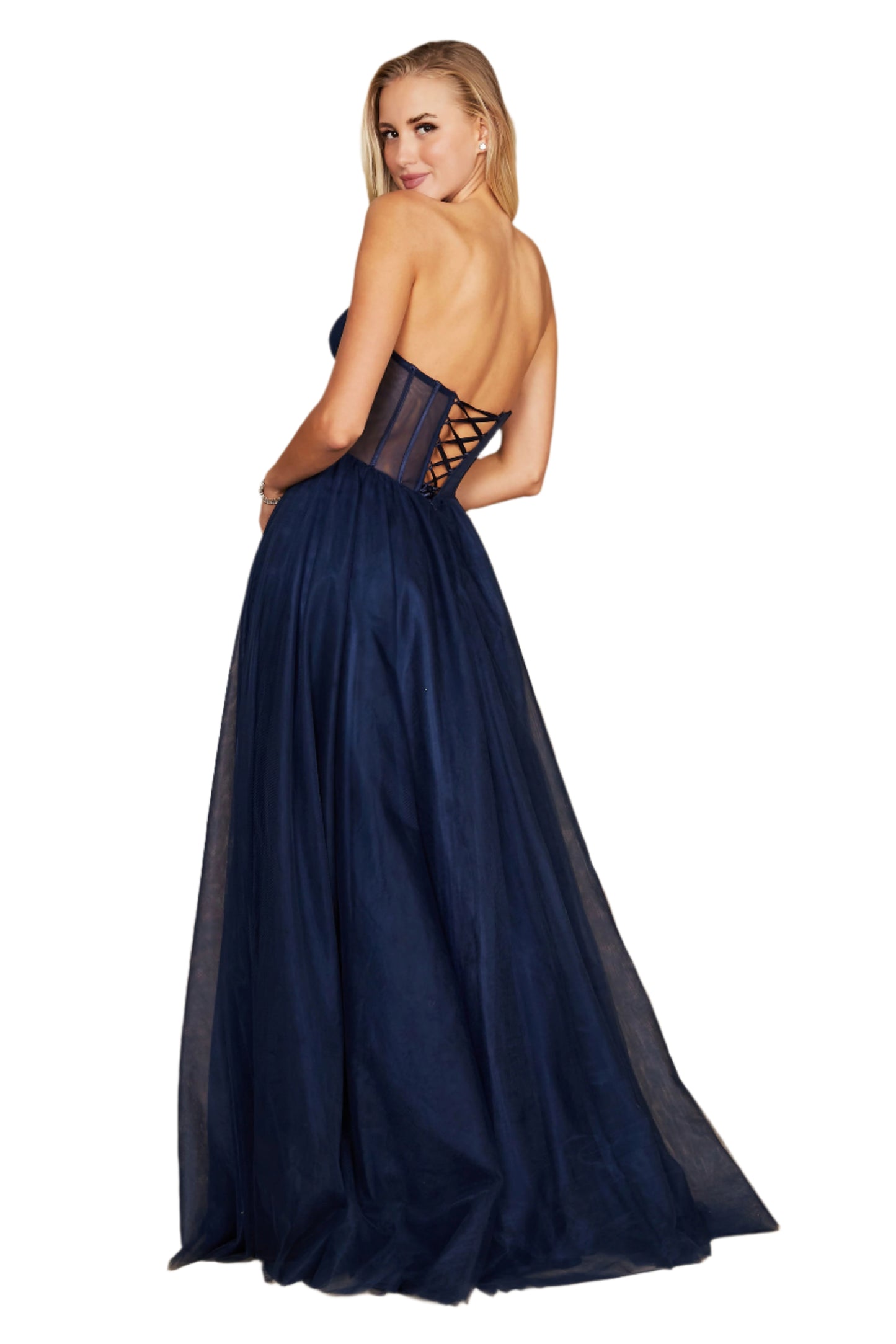 Dylan and Davids Corset-Style Prom Party Formal Ball Gown Dress - NAVY - Back