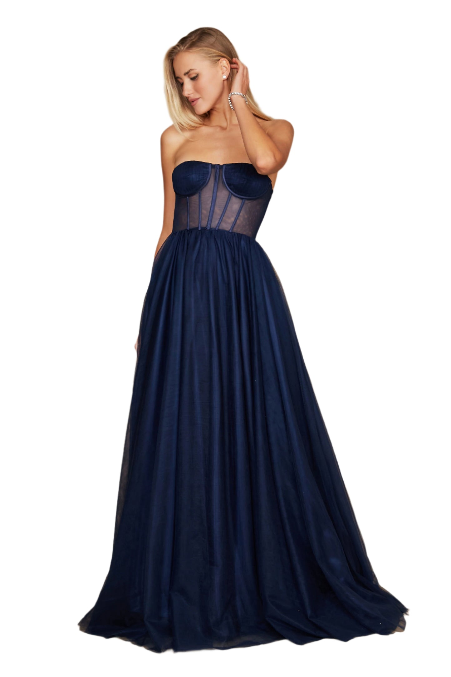 Dylan and Davids Corset-Style Prom Party Formal Ball Gown Dress - NAVY - Front View