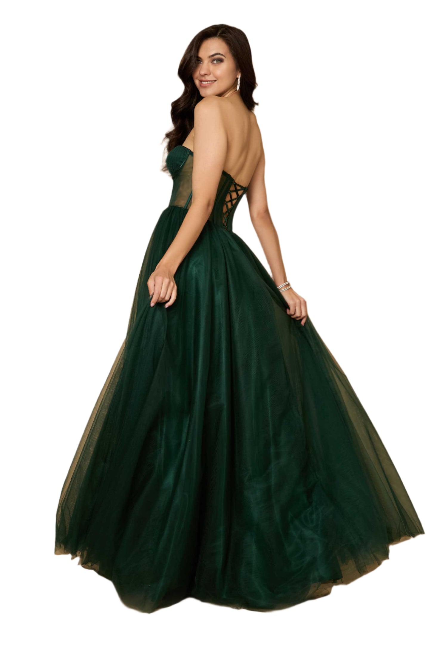 Dylan and Davids Corset-Style Prom Party Formal Ball Gown Dress - HUNTER GREEN - Back