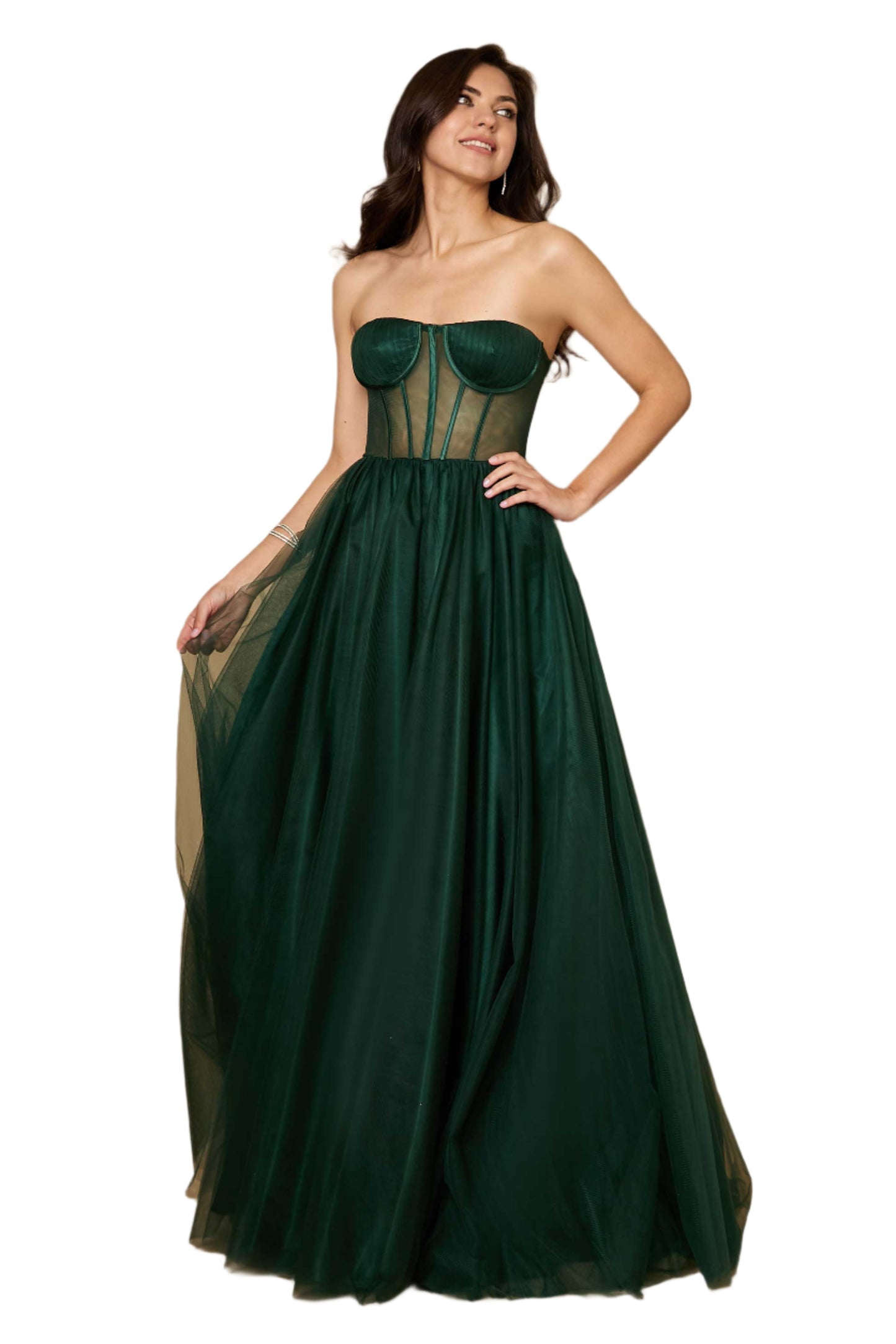 Dylan and Davids Corset-Style Prom Party Formal Ball Gown Dress - HUNTER GREEN - Front Full View