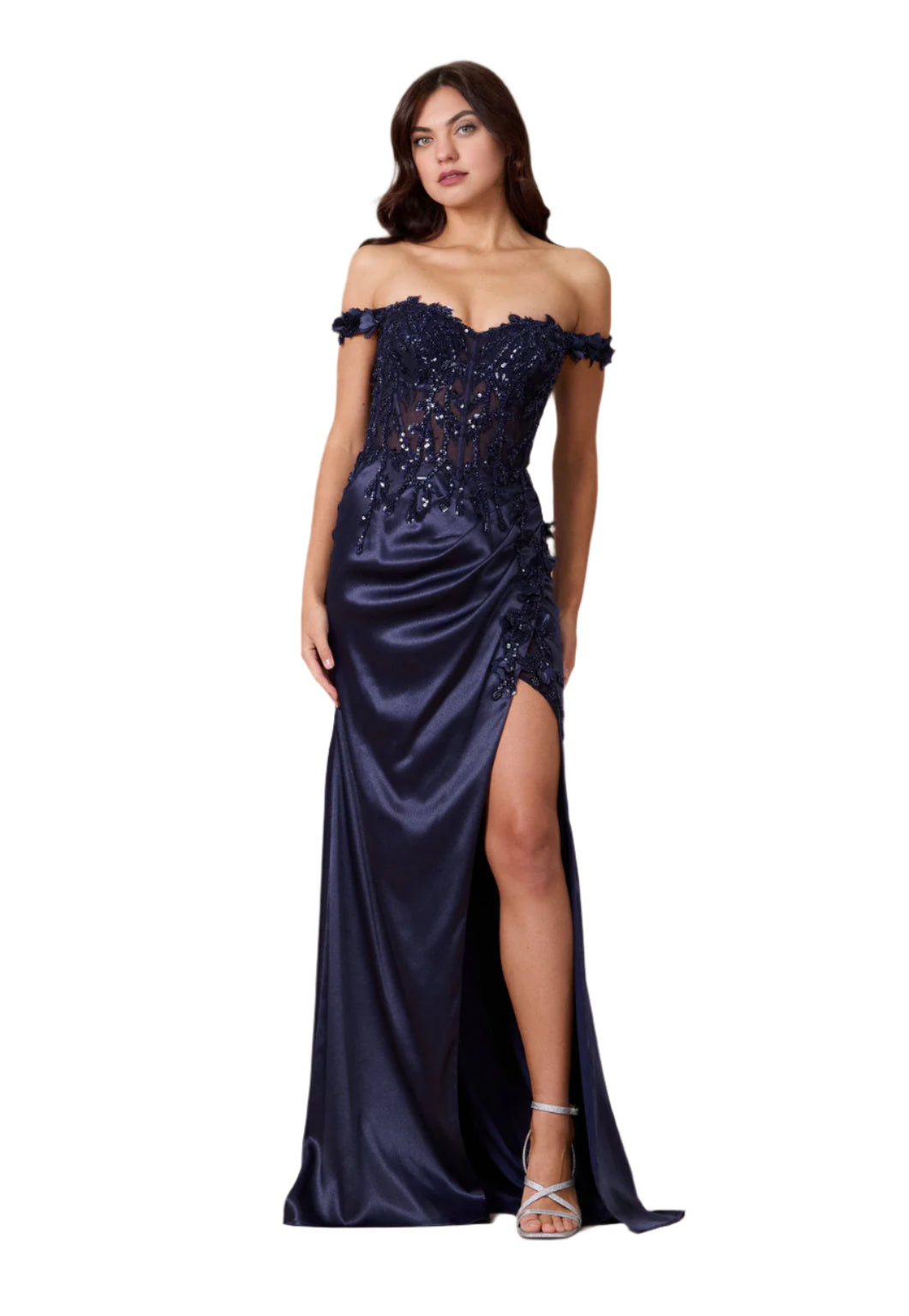 Dylan and Davids Fitted Corset-Style Off the Shoulder Formal Gown Prom Dress - NAVY - FRONT