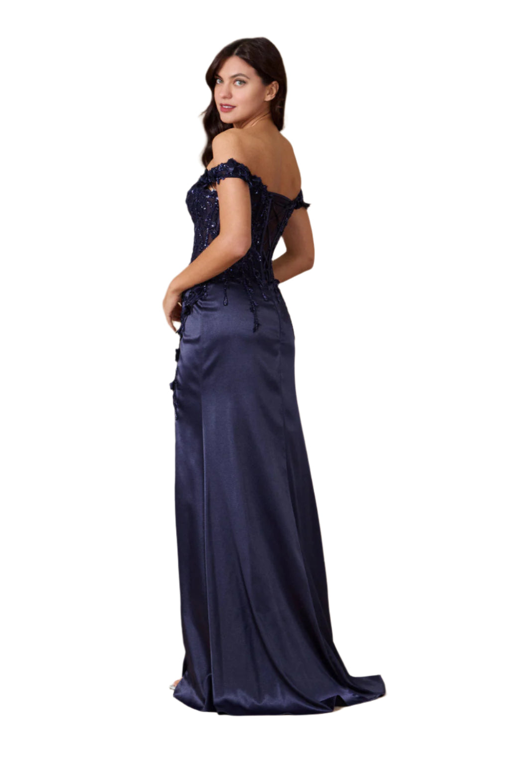Dylan and Davids Fitted Corset-Style Off the Shoulder Formal Gown Prom Dress - NAVY - BACK