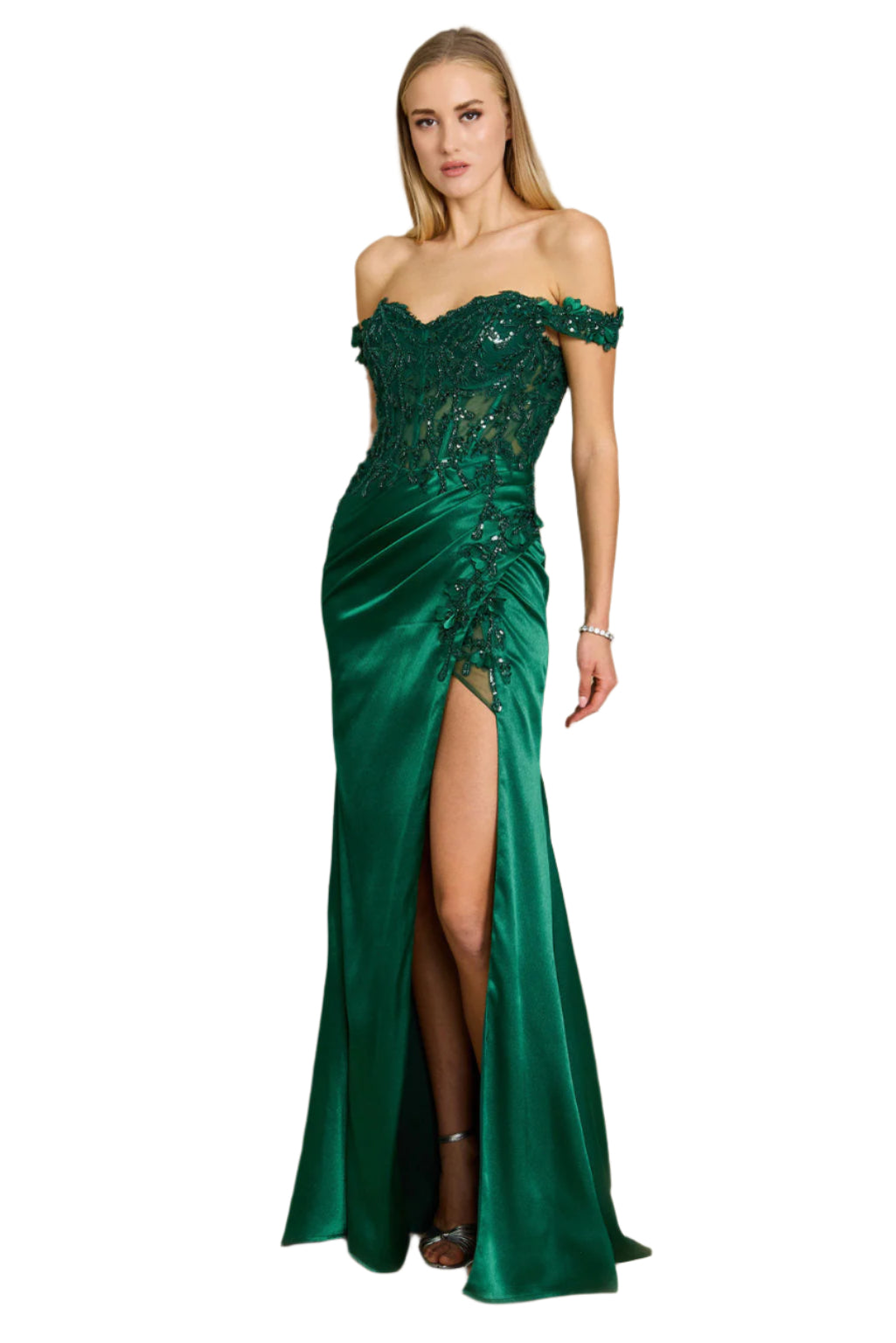 Dylan and Davids Fitted Corset-Style Off the Shoulder Formal Gown Prom Dress - EMERALD - FRONT