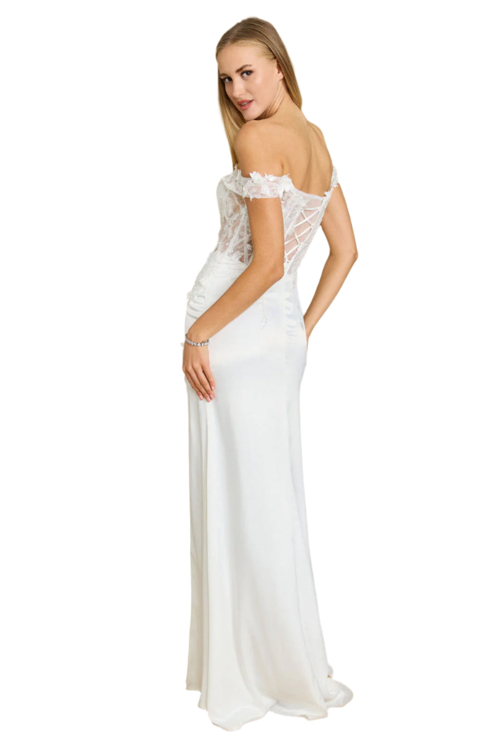 Dylan and Davids Fitted Corset-Style Off the Shoulder Formal Gown Prom Dress - IVORY - BACK