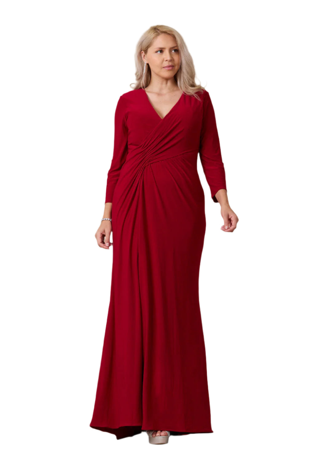 Dylan and Davids Full-Length Formal Gown Stretch Evening 3/4 Sleeve Dress -BURGANDY - FRONT
