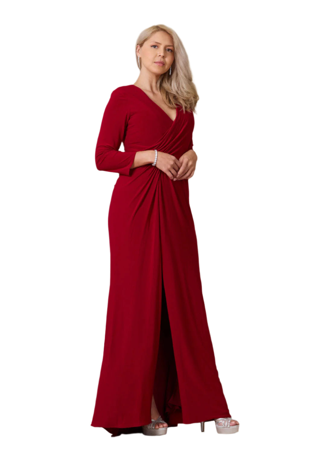 Dylan and Davids Full-Length Formal Gown Stretch Evening 3/4 Sleeve Dress -BURGANDY - SIDE
