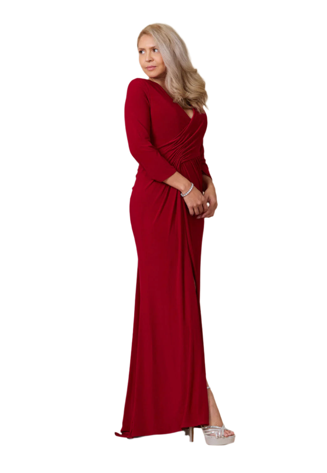 Dylan and Davids Full-Length Formal Gown Stretch Evening 3/4 Sleeve Dress -BURGANDY - SIDE VIEW