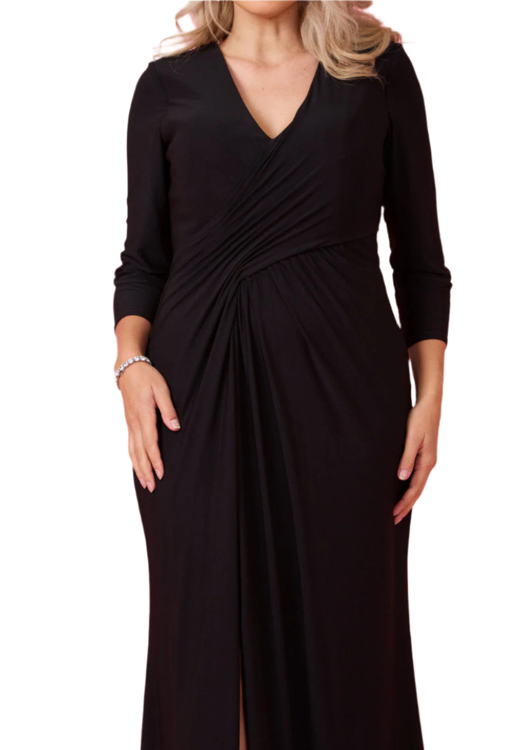 Dylan and Davids Full-Length Formal Gown Stretch Evening 3/4 Sleeve Dress -BLACK - DETAILED VIEW