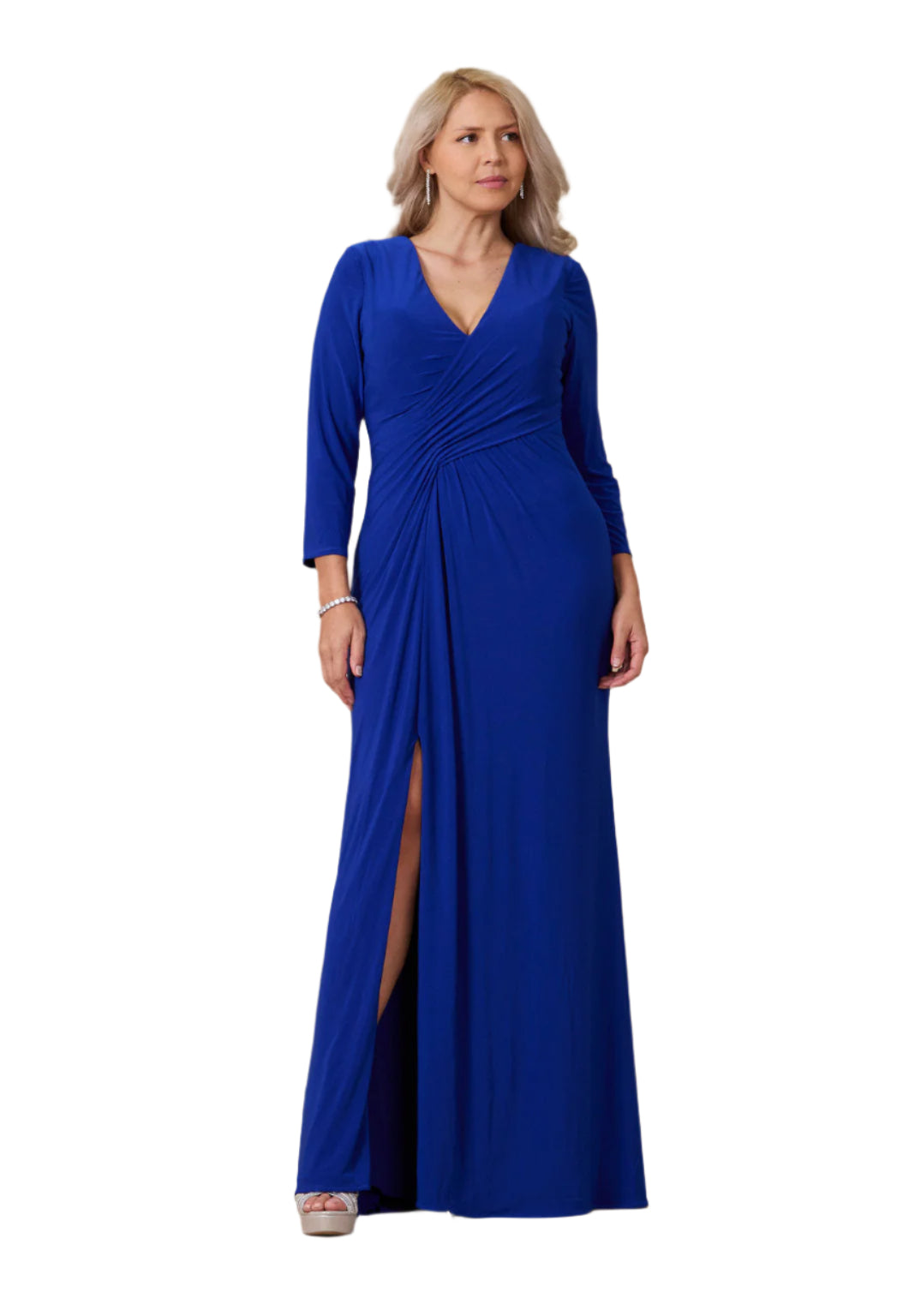 Dylan and Davids Full-Length Formal Gown Stretch Evening 3/4 Sleeve Dress - ROYAL BLUE - FRONT