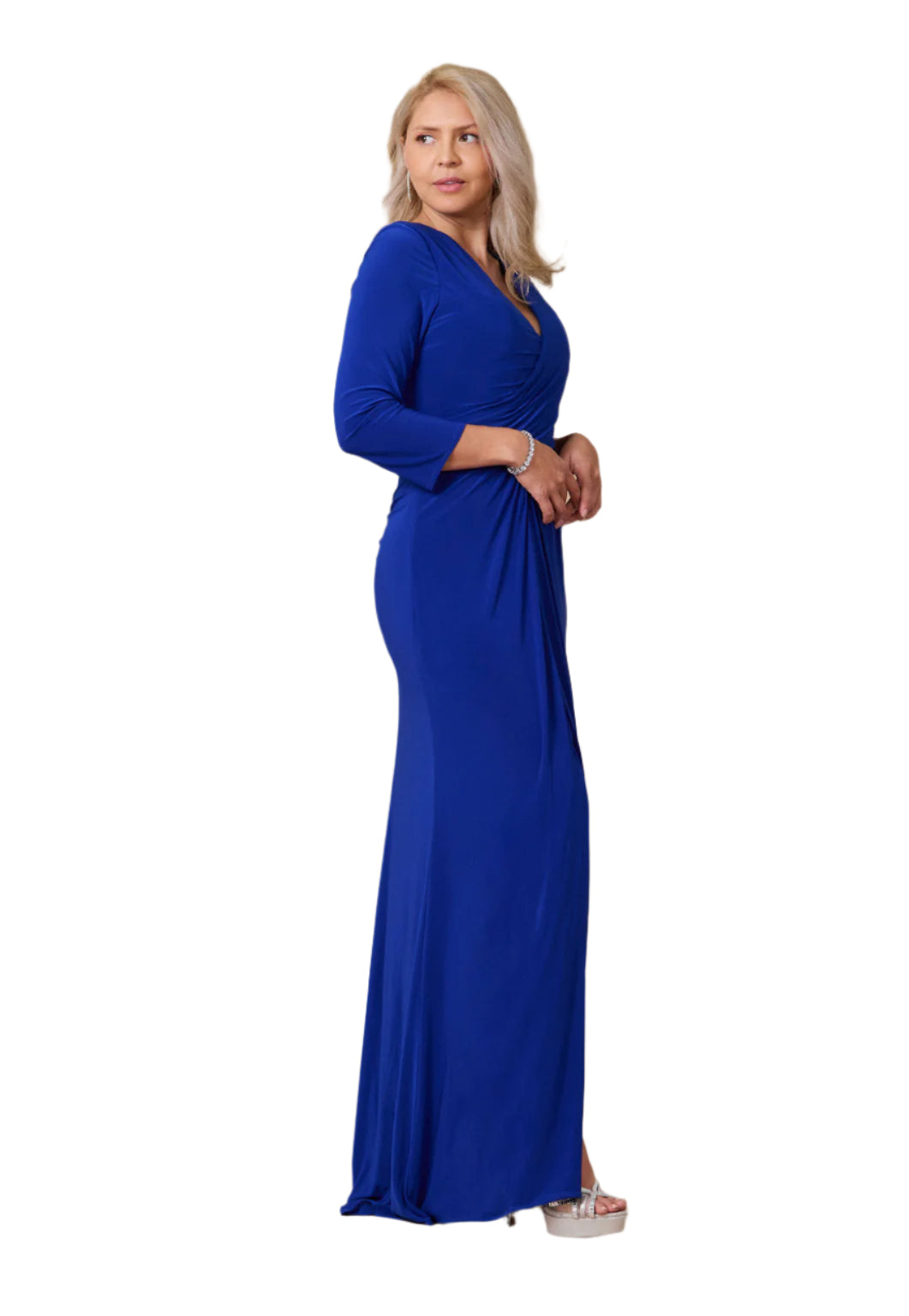 Dylan and Davids Full-Length Formal Gown Stretch Evening 3/4 Sleeve Dress - ROYAL BLUE - SIDE