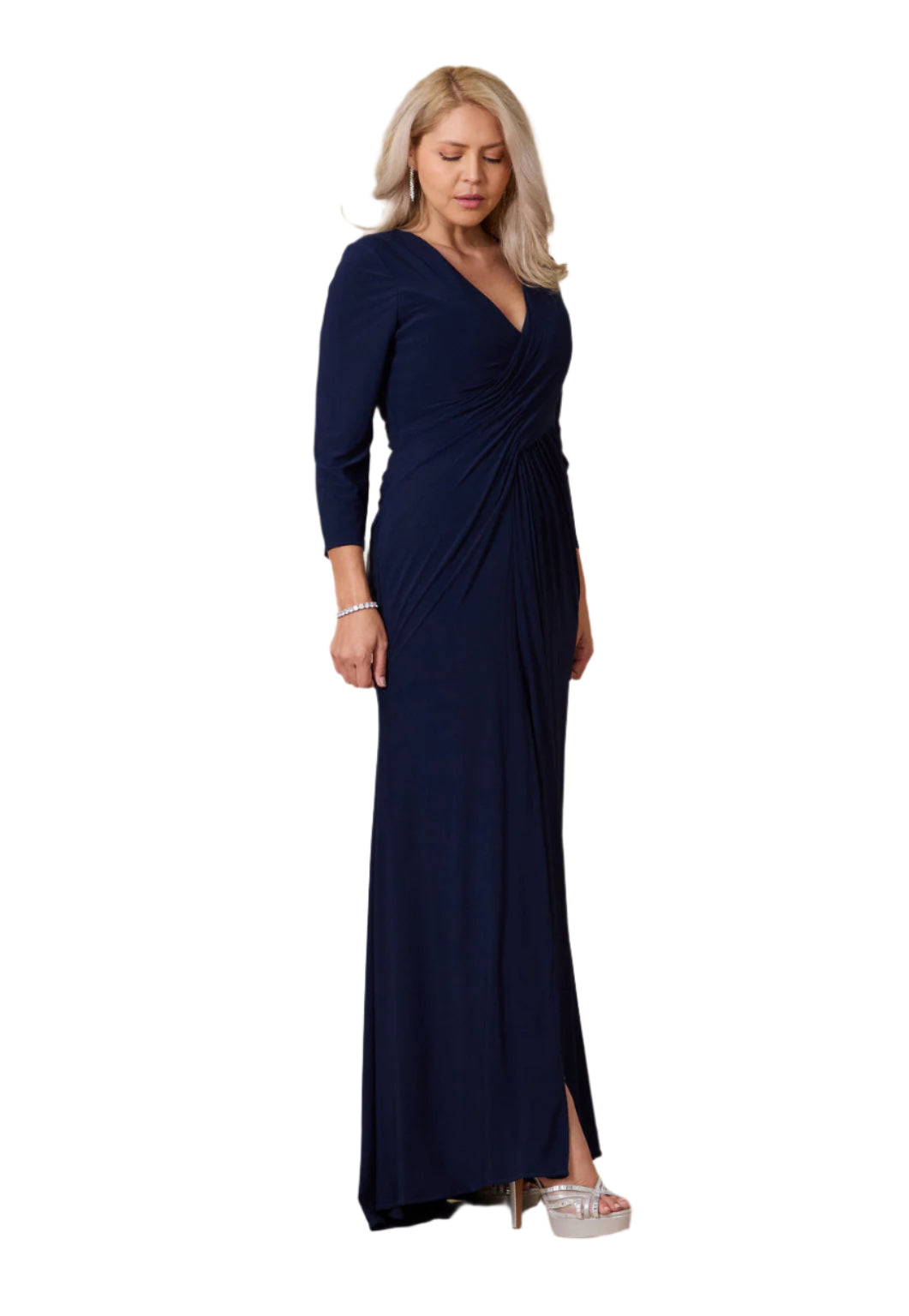 Dylan and Davids Full-Length Formal Gown Stretch Evening 3/4 Sleeve Dress - NAVY - SIDE