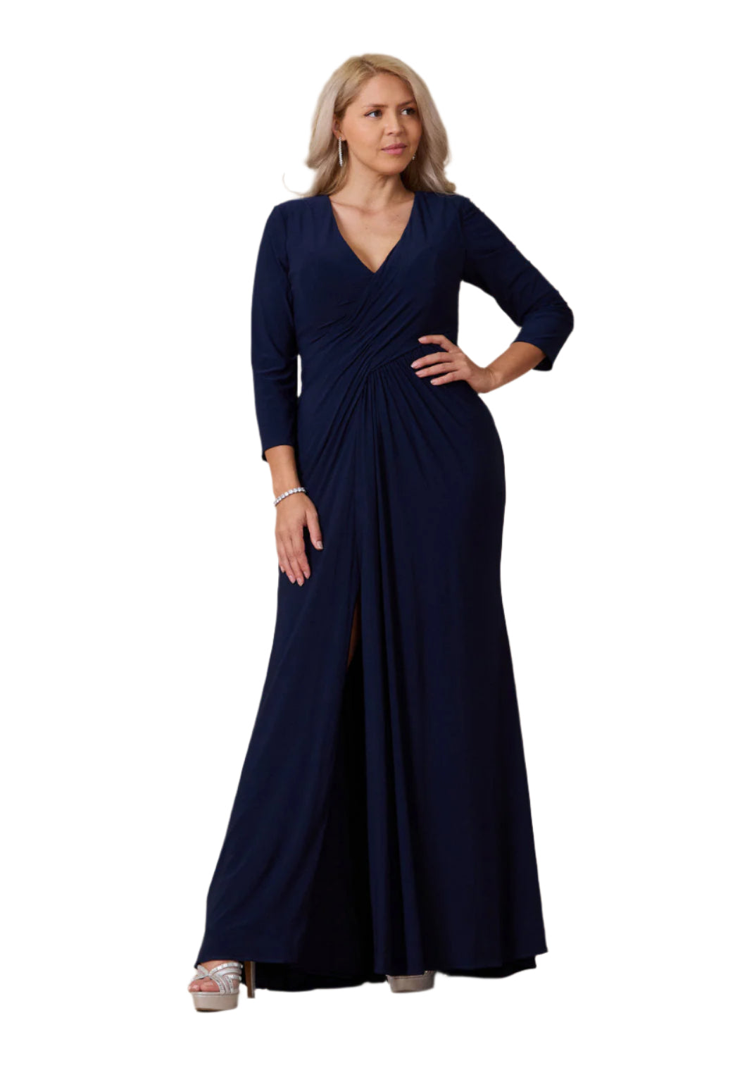 Dylan and Davids Full-Length Formal Gown Stretch Evening 3/4 Sleeve Dress - NAVY - FRONT