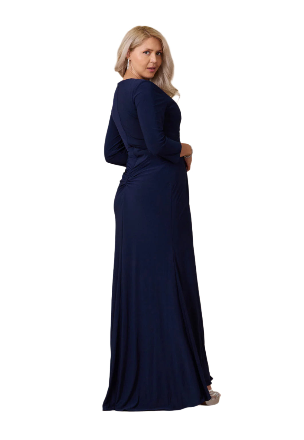 DD1295Dylan and Davids Full-Length Formal Gown Stretch Evening 3/4 Sleeve Dress - NAVY - BACK