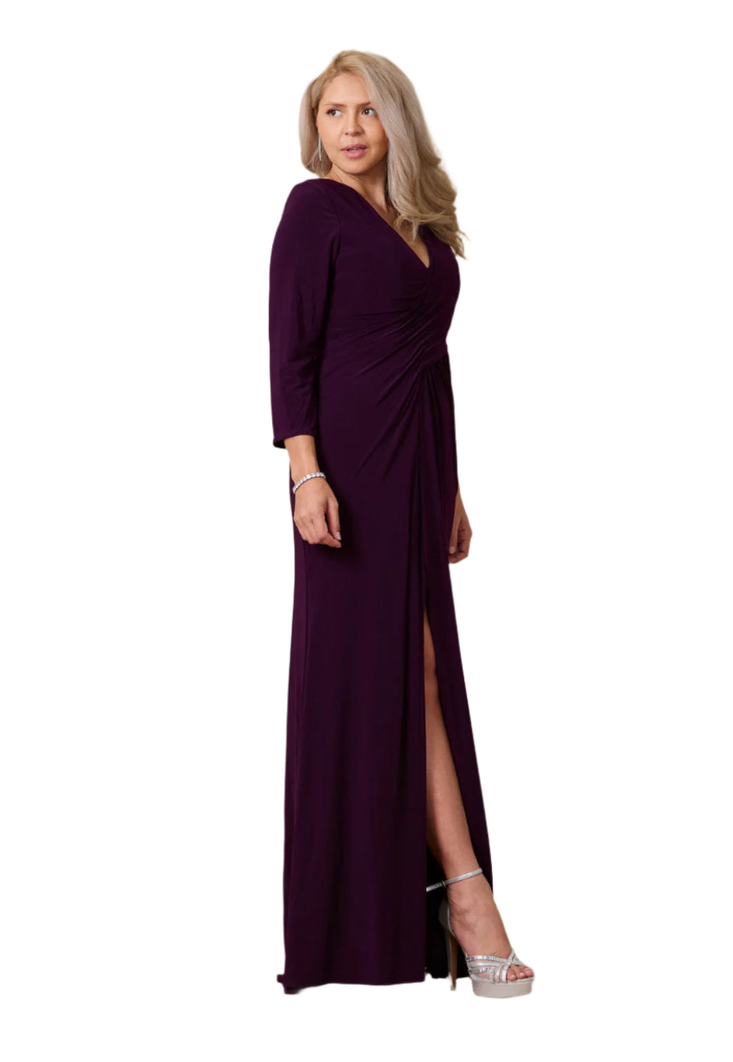 Dylan and Davids Full-Length Formal Gown Stretch Evening 3/4  Sleeve Dress - PLUM - SIDE
