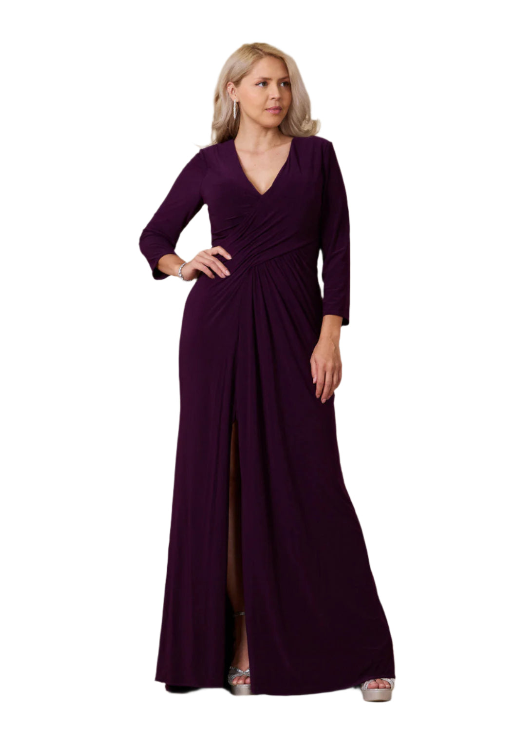 Dylan and Davids Full-Length Formal Gown Stretch Evening 3/4 Sleeve Dress - PLUM - FRONT