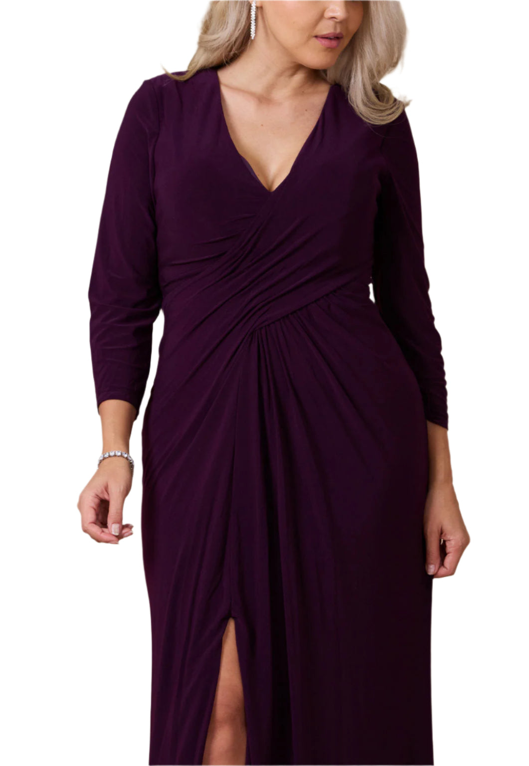 Dylan and Davids Full-Length Formal Gown Stretch Evening 3/4 Sleeve Dress - PLUM - DETAILED VIEW