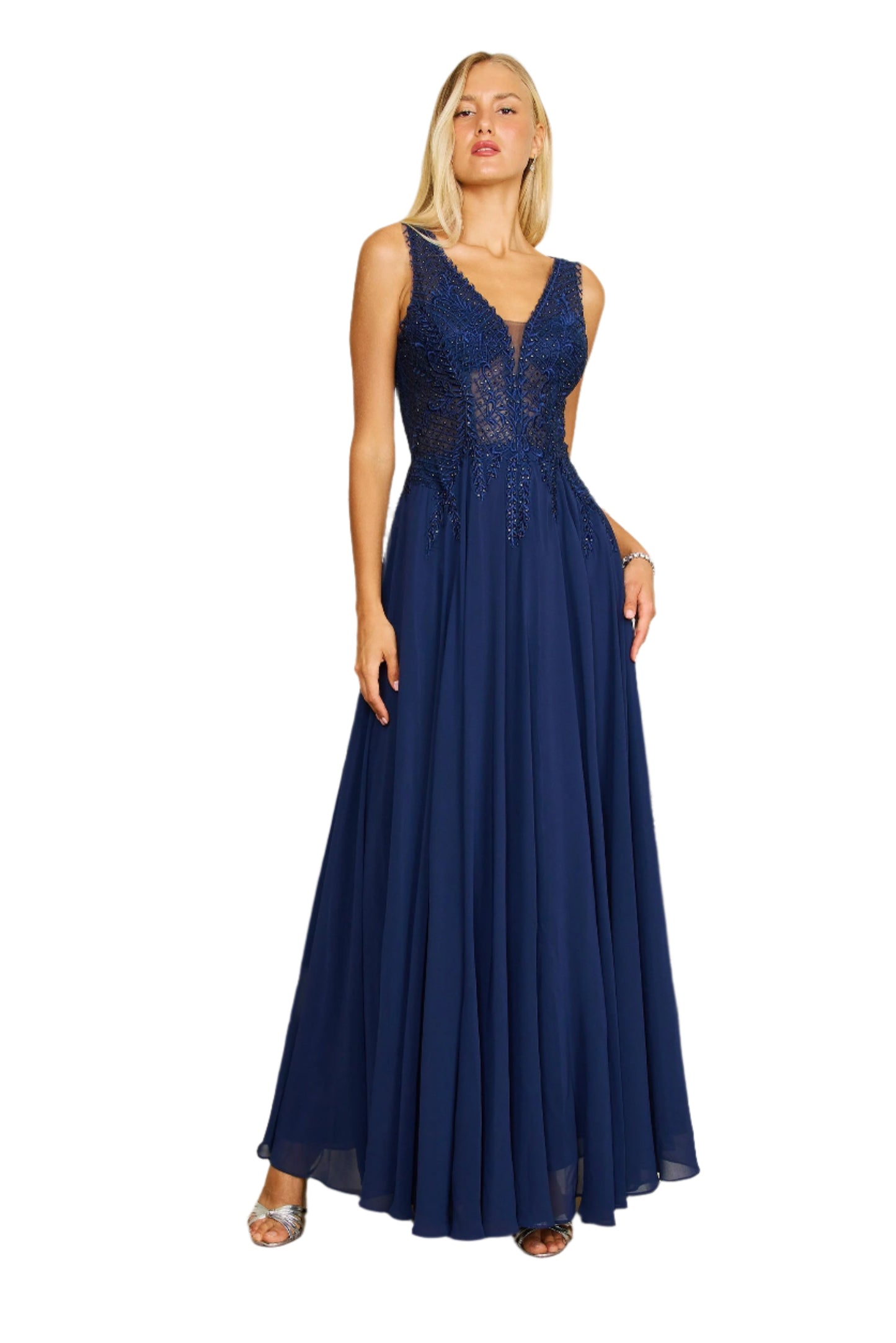 Dylan and Davids Full-Length Formal Gown Dress Plus Size Chiffon Evening Gown - NAVY - FRONT