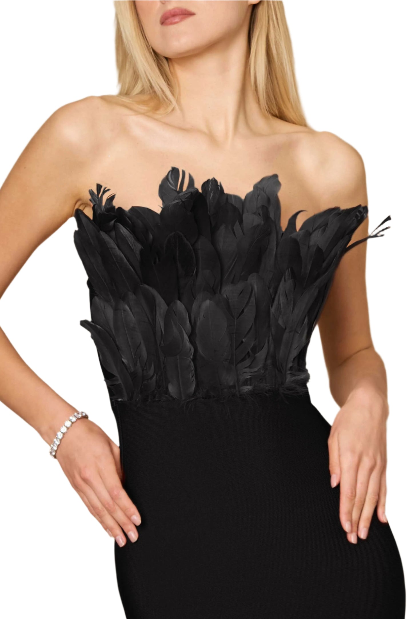 Dylan and Davids Bodycon Bandage Short-Length Feather Formal Dress  - BLACK - Detailed view
