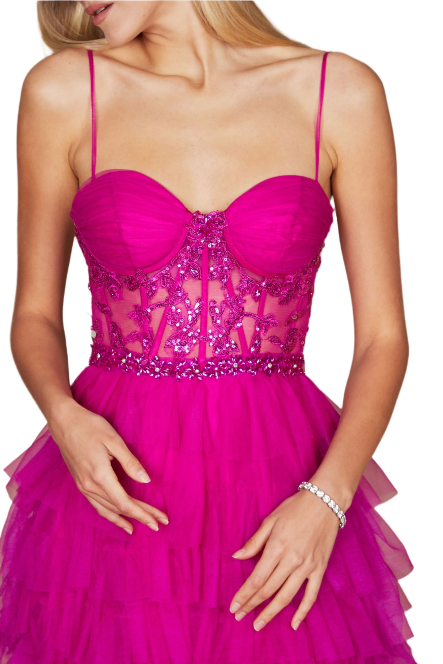 Dylan and Davids Full-Length Fuchsia Corset-Style Prom Dress Ball Gown - Fuchsia - front detailed view