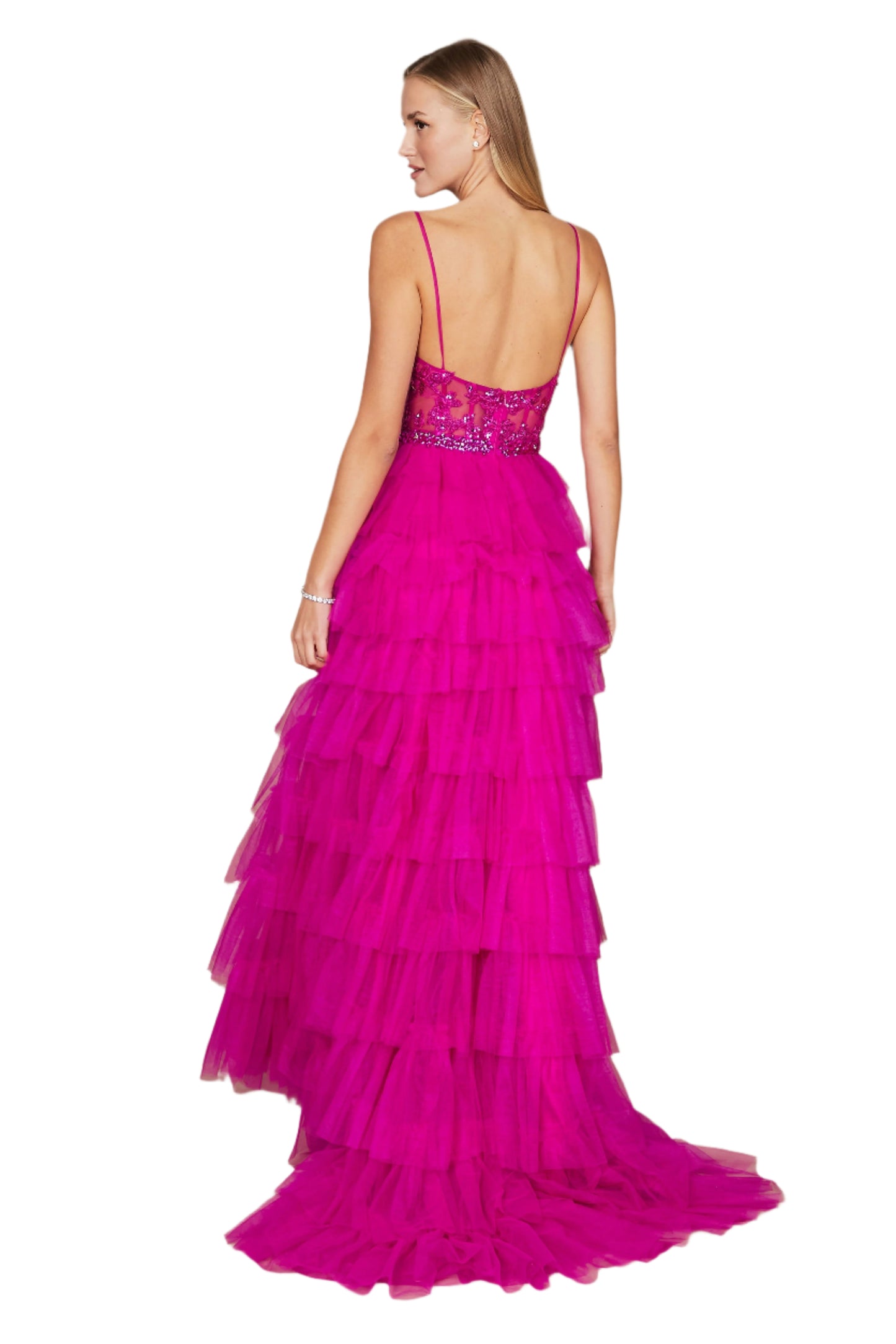 Dylan and Davids Full-Length Fuchsia Corset-Style Prom Dress Ball Gown - Fuchsia- back