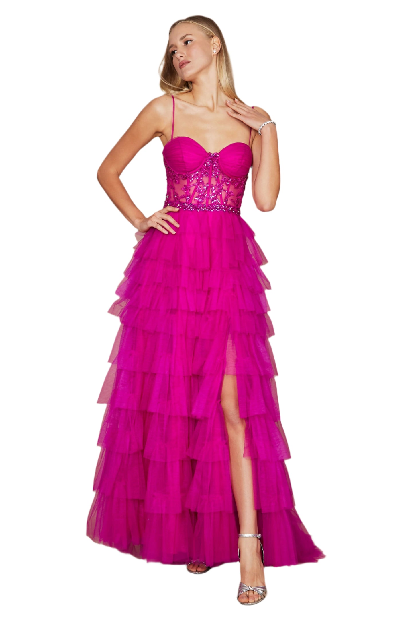 Dylan and Davids Full-Length Fuchsia Corset-Style Prom Dress Ball Gown - Fuchsia - front