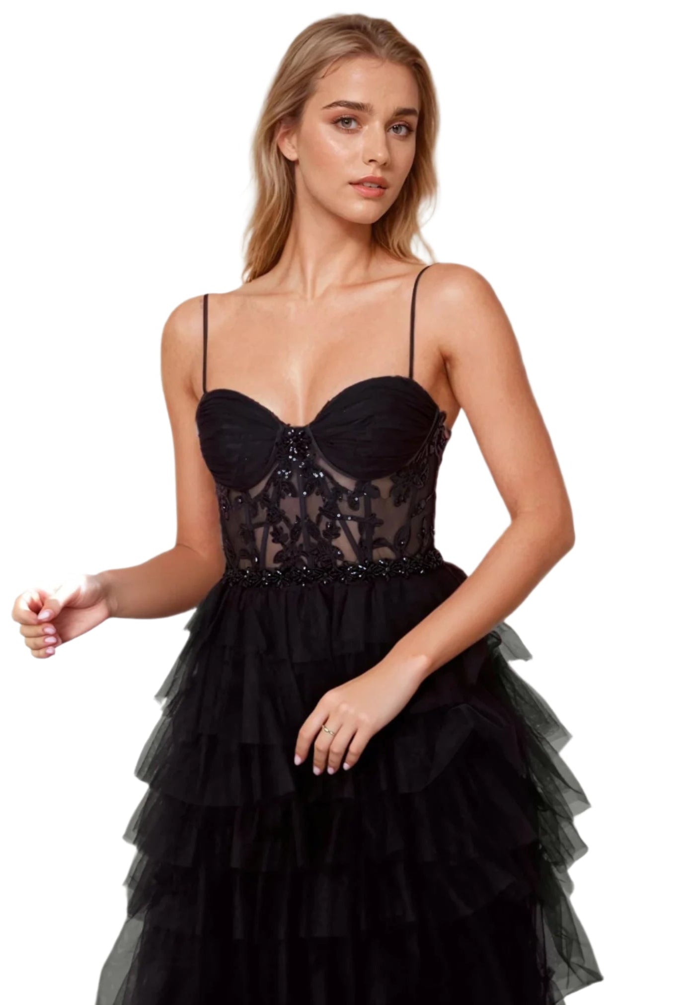 Dylan and Davids Full-Length Fuchsia Corset-Style Prom Dress Ball Gown - black - front detaild view