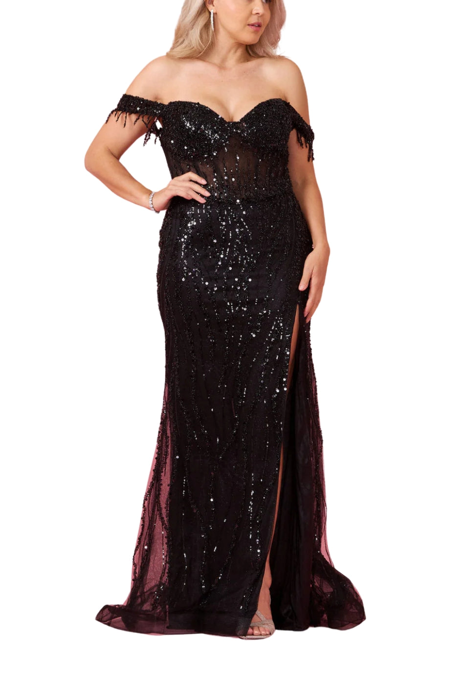 Kos Couture Fitted Off Shoulder Sequin Prom Formal Gown Dress - BLACK - Front
