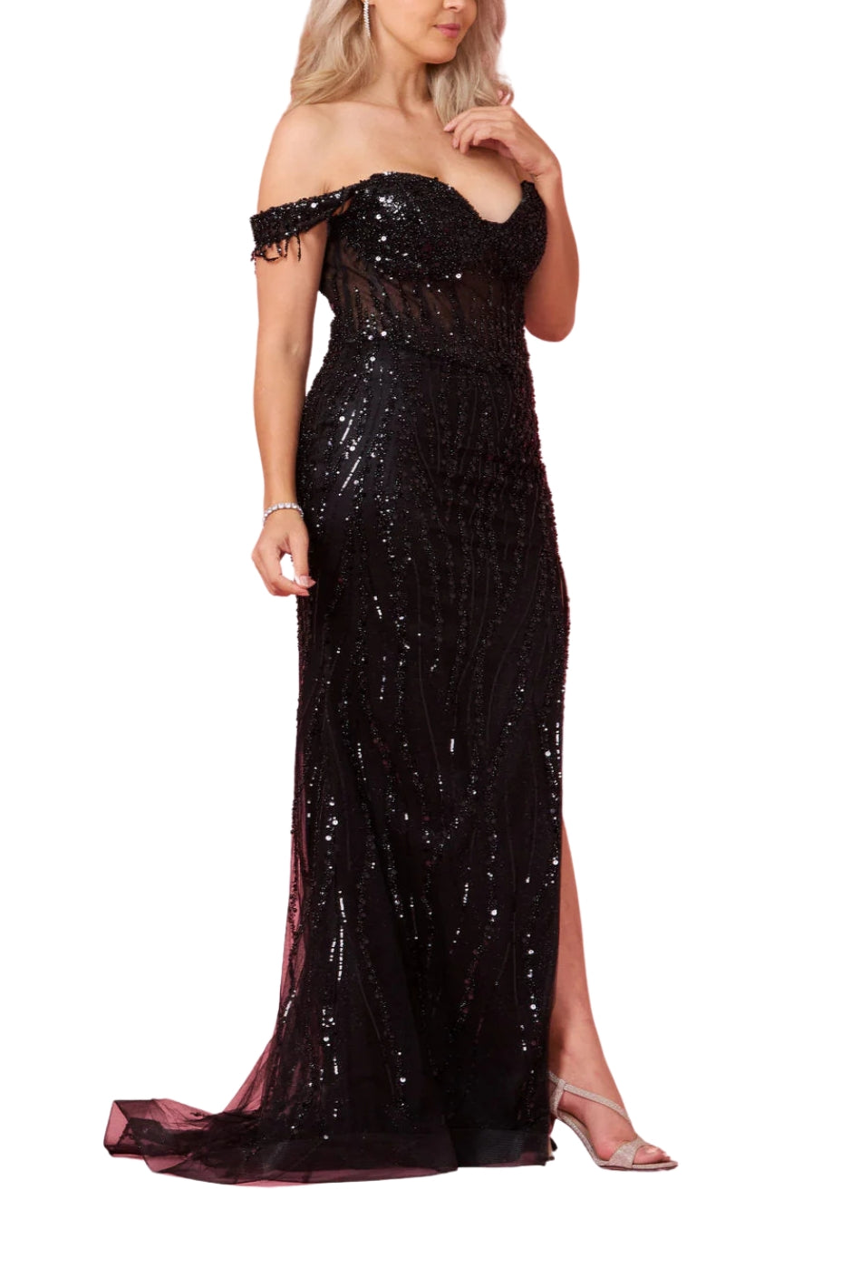 Kos Couture Fitted Off Shoulder Sequin Prom Formal Gown Dress - BLACK - Side