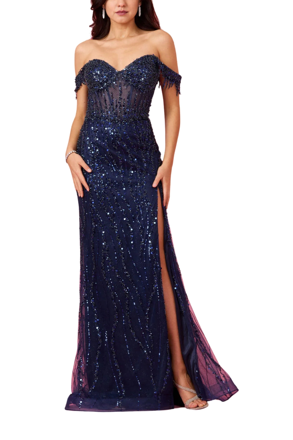 Kos Couture Fitted Off Shoulder Sequin Prom Formal Gown Dress - NAVY - Front Full View
