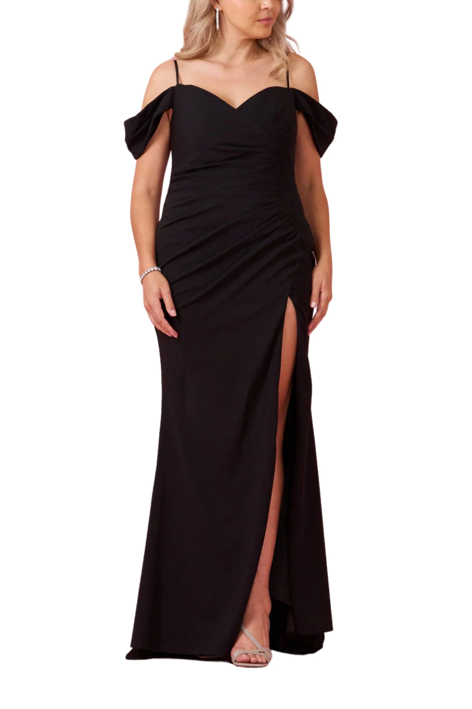 Dylan and Davids Full-Length Formal Off-The-Shoulder Wrap Evening Gown Dress - BLACK - FRONT FULL VIEW