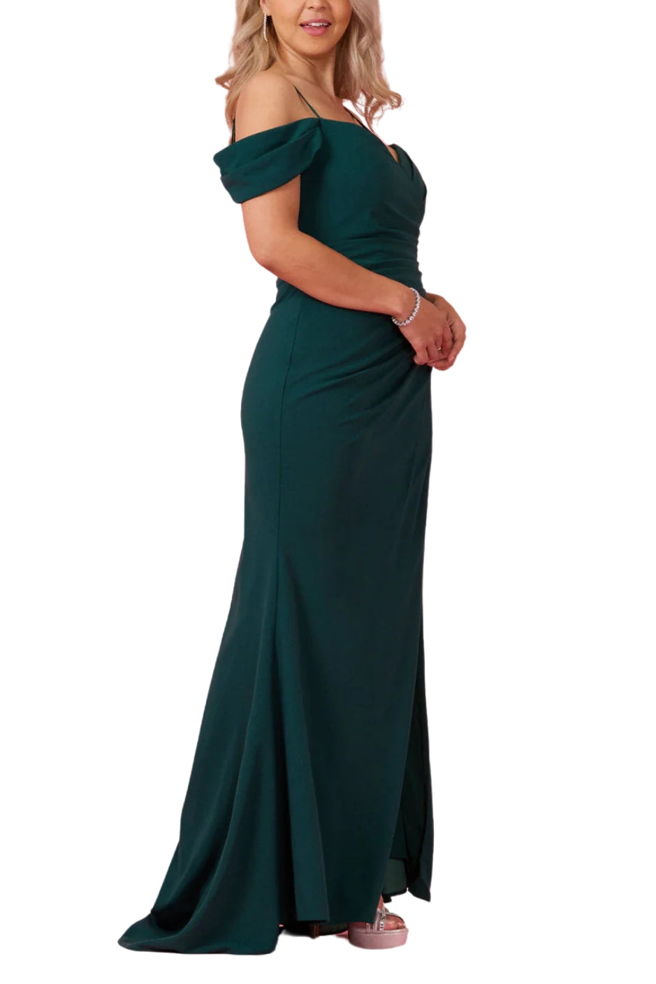 Dylan and Davids Full-Length Formal Off-The-Shoulder Wrap Evening Gown Dress - EMERALD - GREEN - SIDE