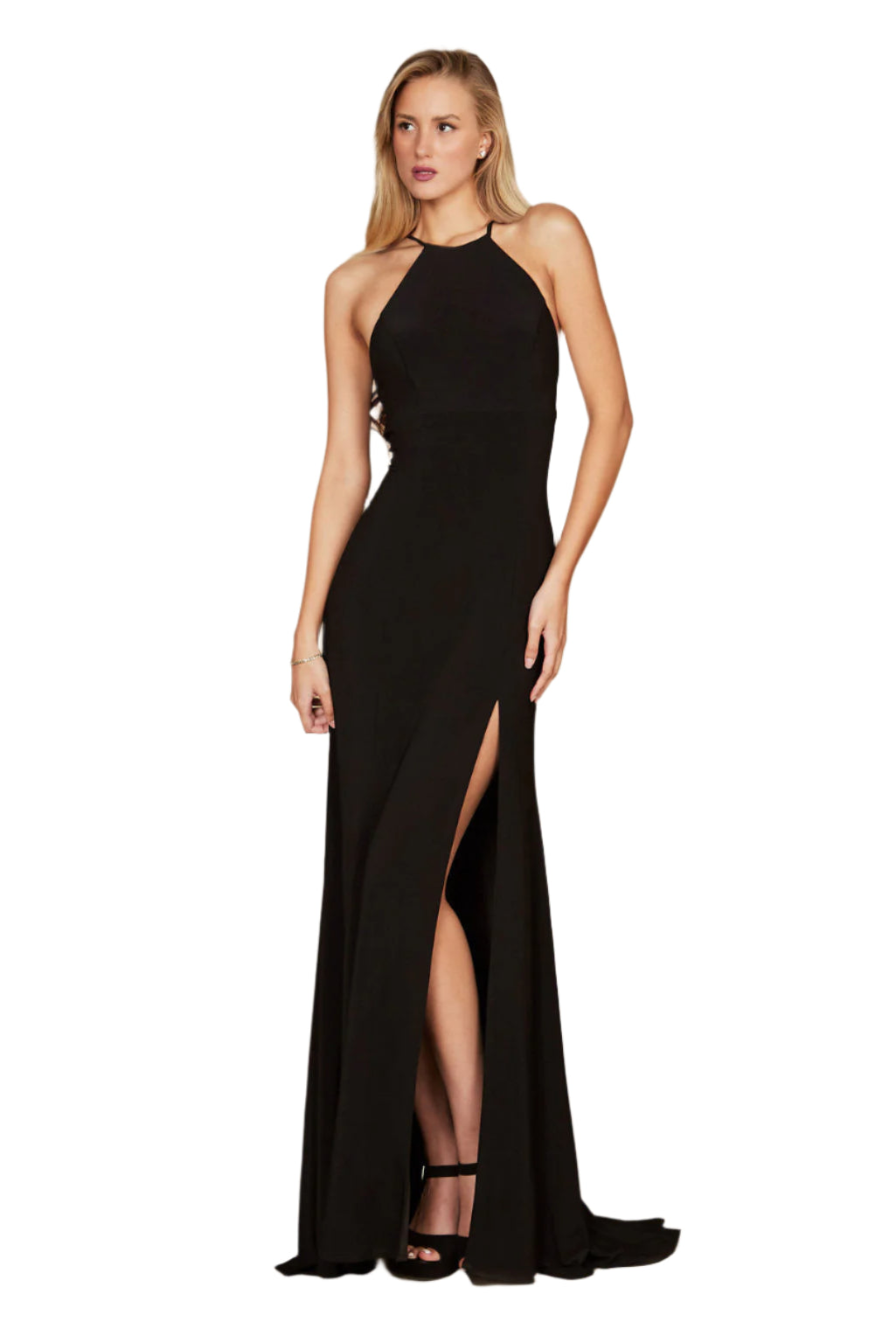Dylan and Davids Full-Length Fitted Open Back Jersey Prom Dress - BLACK - Front