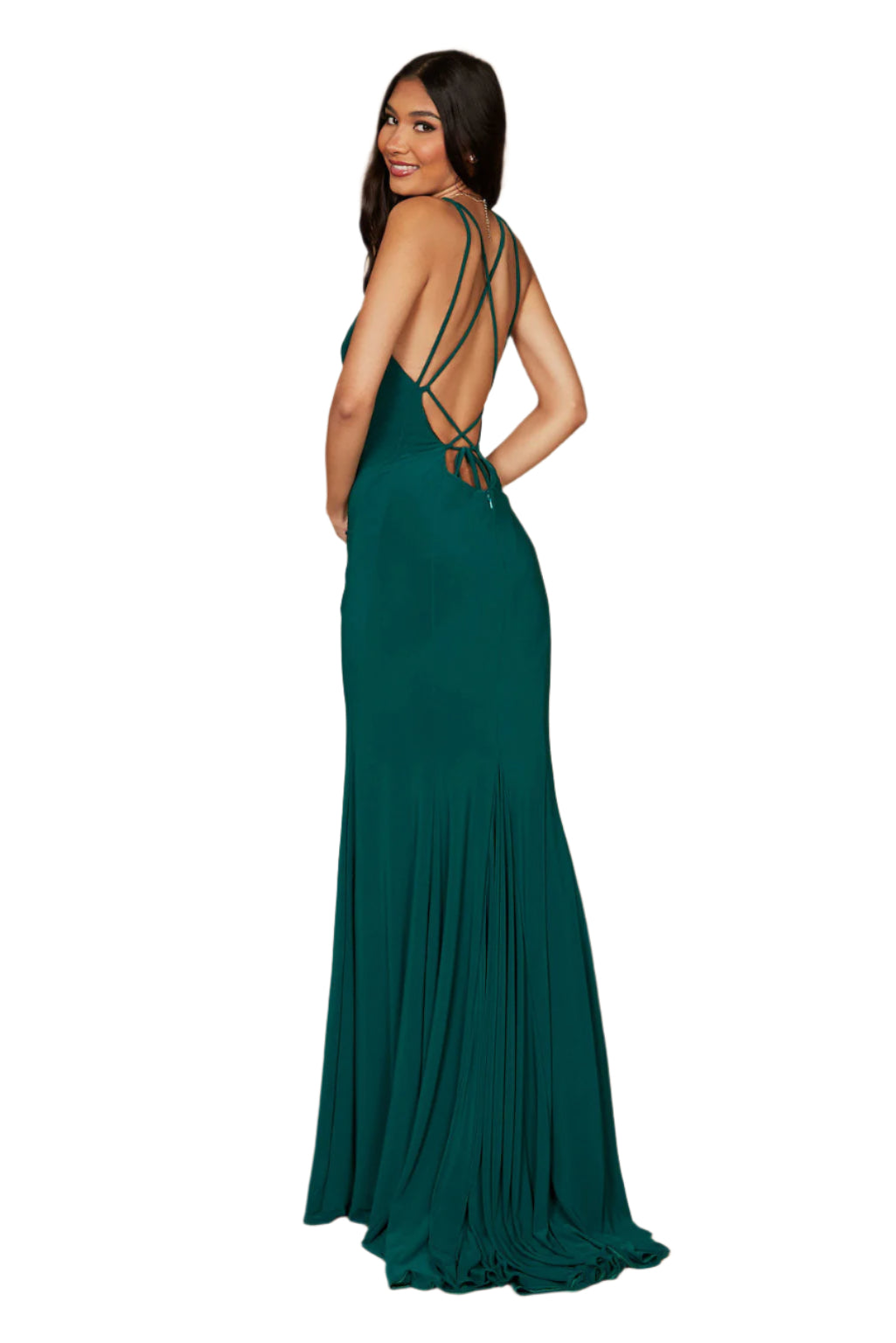Dylan and Davids Full-Length Fitted Open Back Jersey Prom Dress - EMERALD GREEN - Back