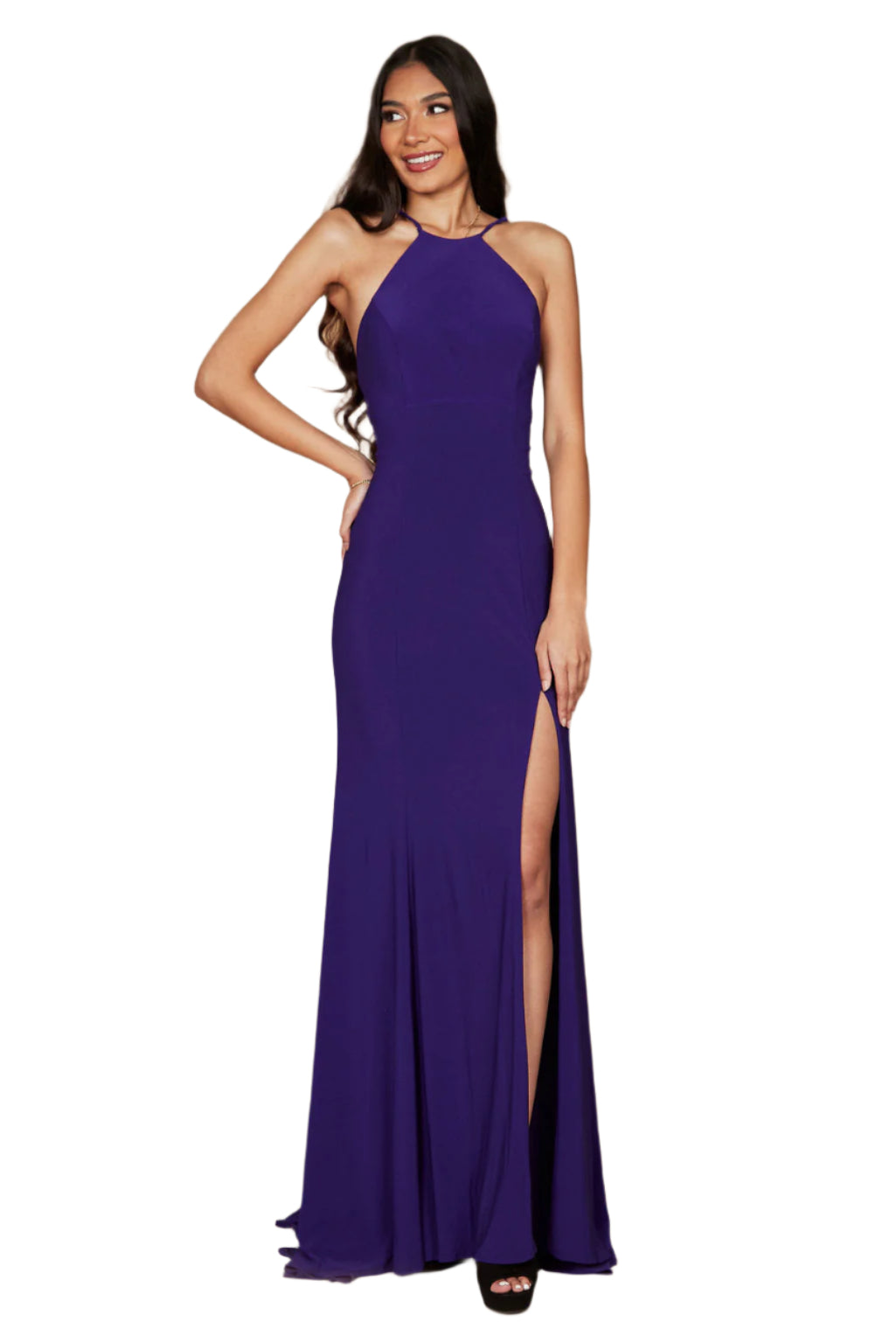 Dylan and Davids Full-Length Fitted Open Back Jersey Prom Dress - PLUM - Front