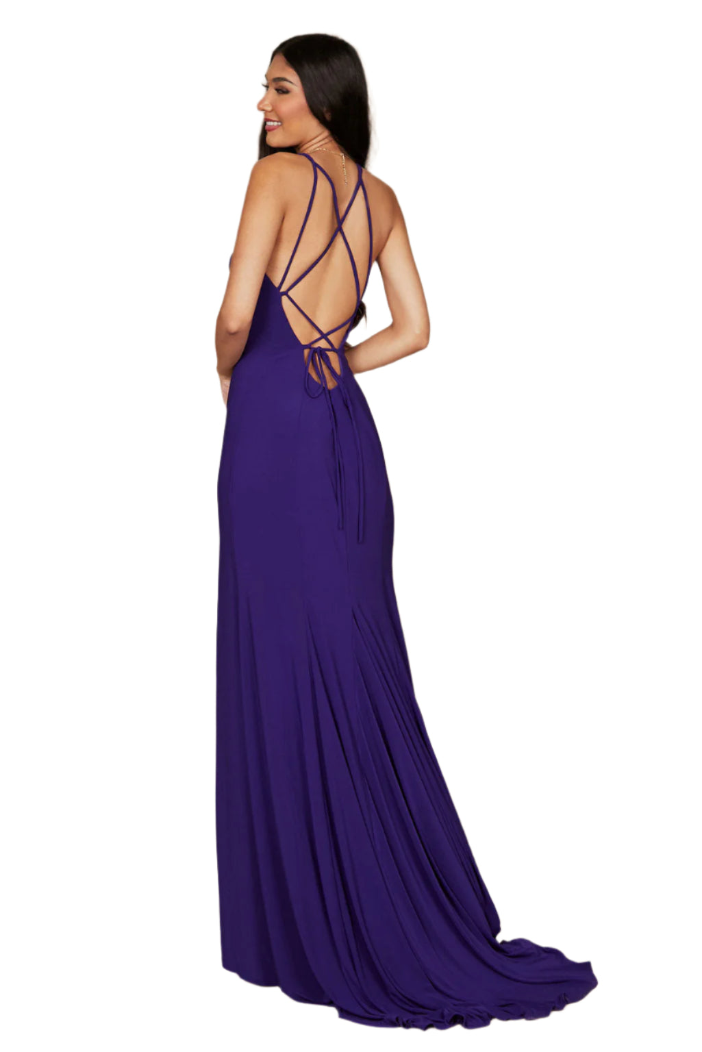 Dylan and Davids Full-Length Fitted Open Back Jersey Prom Dress - PLUM - Back