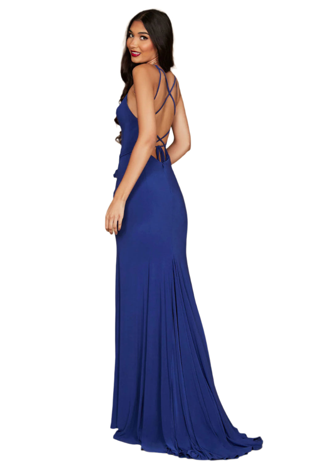 Dylan and Davids Full-Length Fitted Open Back Jersey Prom Dress - NAVY - Back