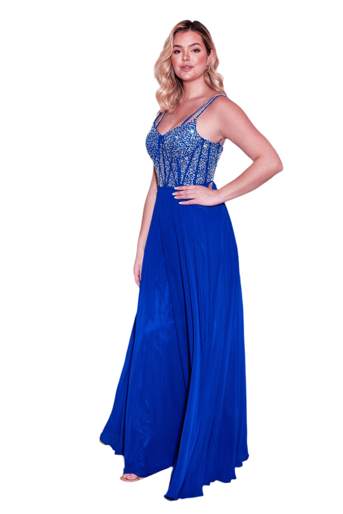 Dylan and Davids Full-Length Formal Gown Royal Blue Hand Beaded Top Dress - ROYAL BLUE - Side